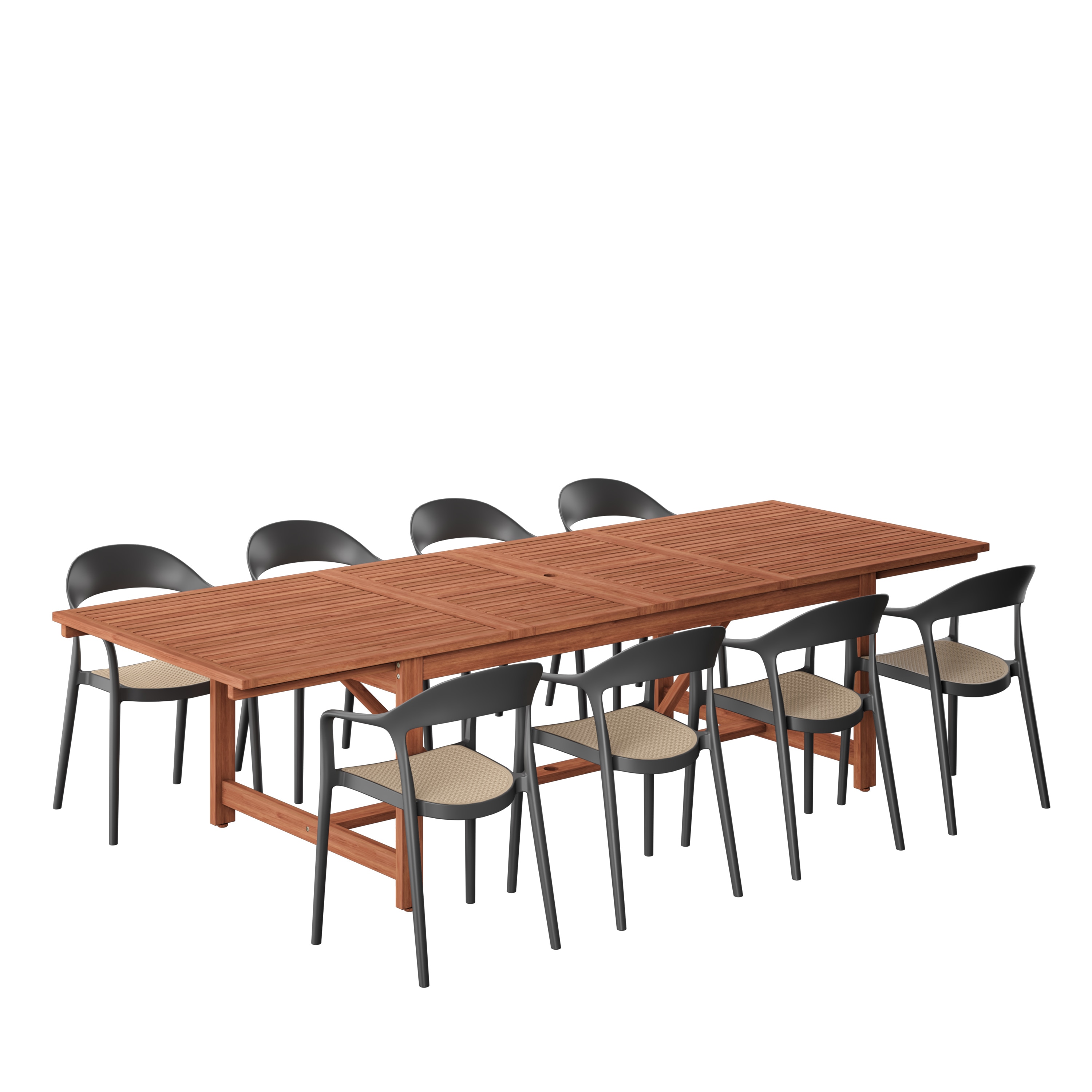 Amazonia LWS-LEYPAR-8-CARA-BK 7 -Piece Brown Patio Dining Set Extendable Table Wood Rectangle Table with 10 Stackable Stationary and Motion Chairs