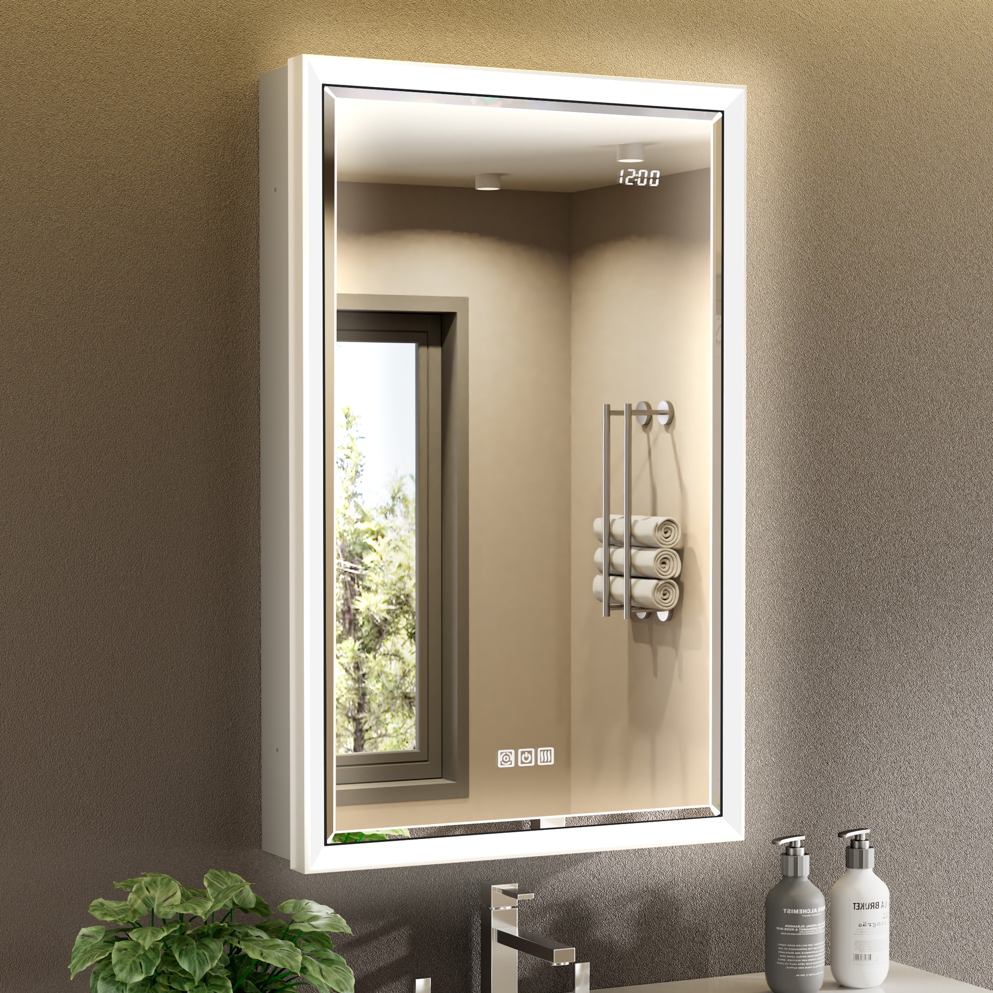QueenFun Lighted Medicine Cabinet 20-in x 32-in Lighted LED Fog Free Surface/Recessed Mount Silver Mirrored Rectangle Soft Close Medicine Cabinet with Outlet #C-BLMB2032R