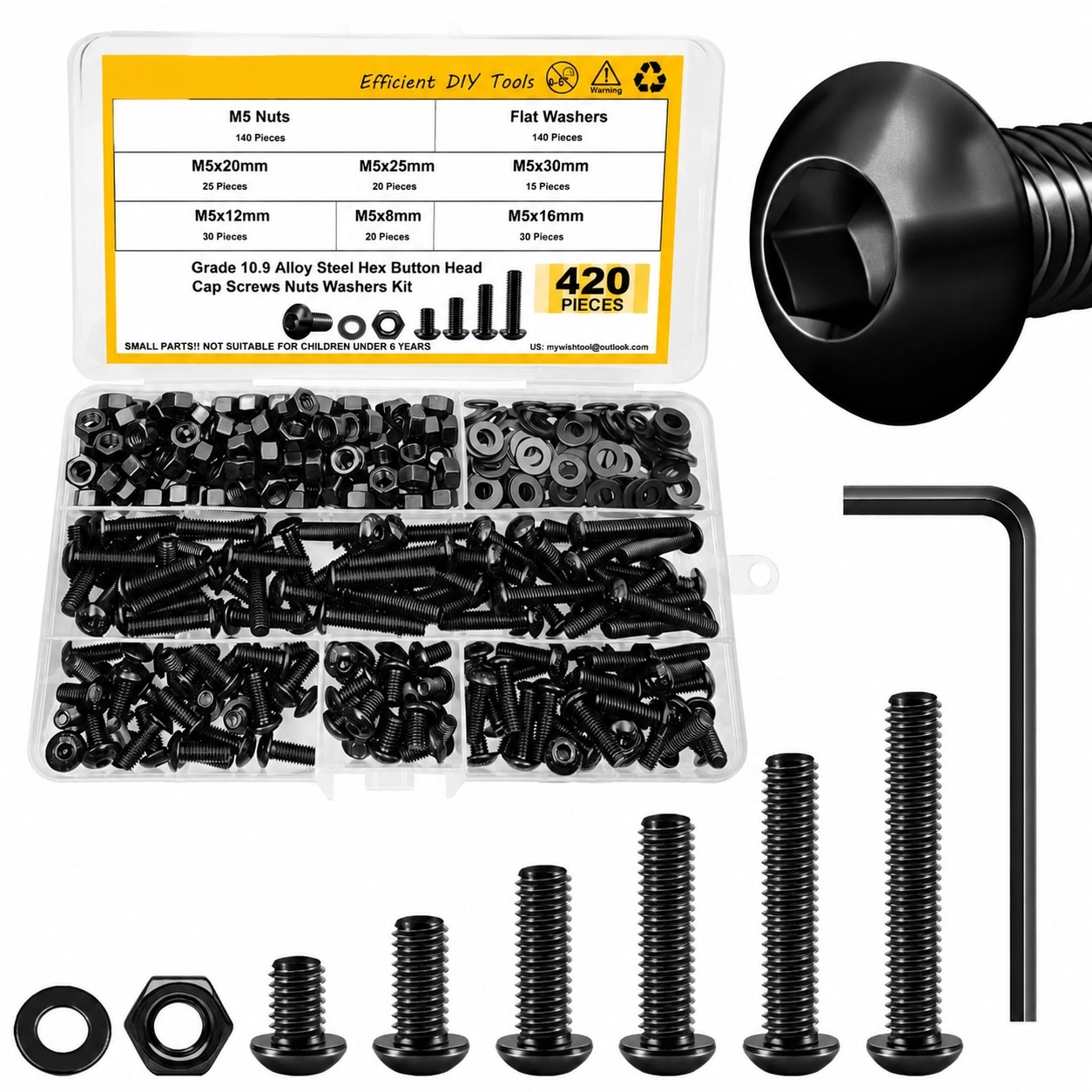 CYIKE  M5 Metric Screws and Nuts Assortment Kit 420 Pieces Hex Button Head Cap Screws Flat Washers Hex Wrenches in Various Lengths