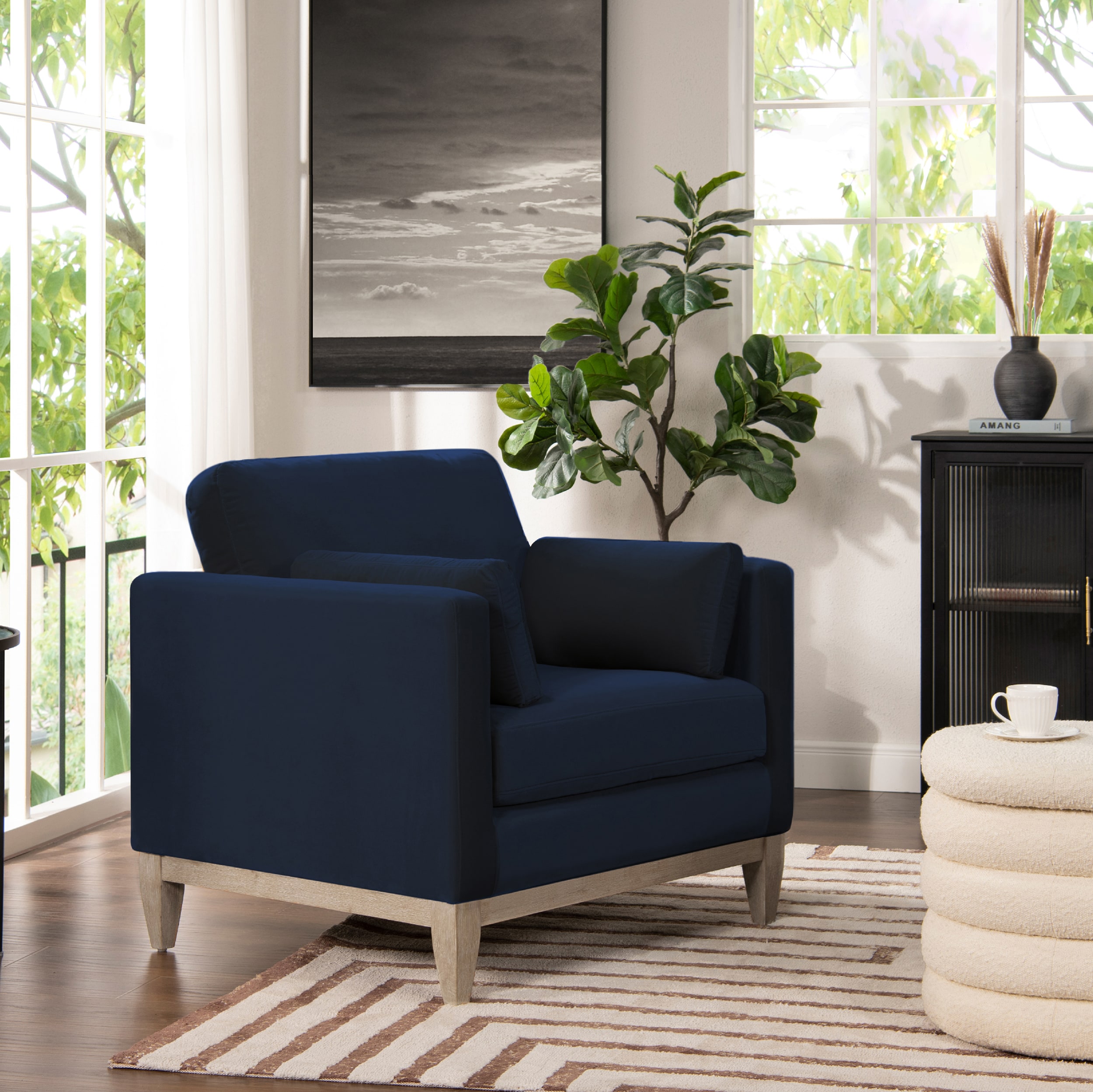 Knox Dark Navy Blue Velvet Armchair with Birch Legs