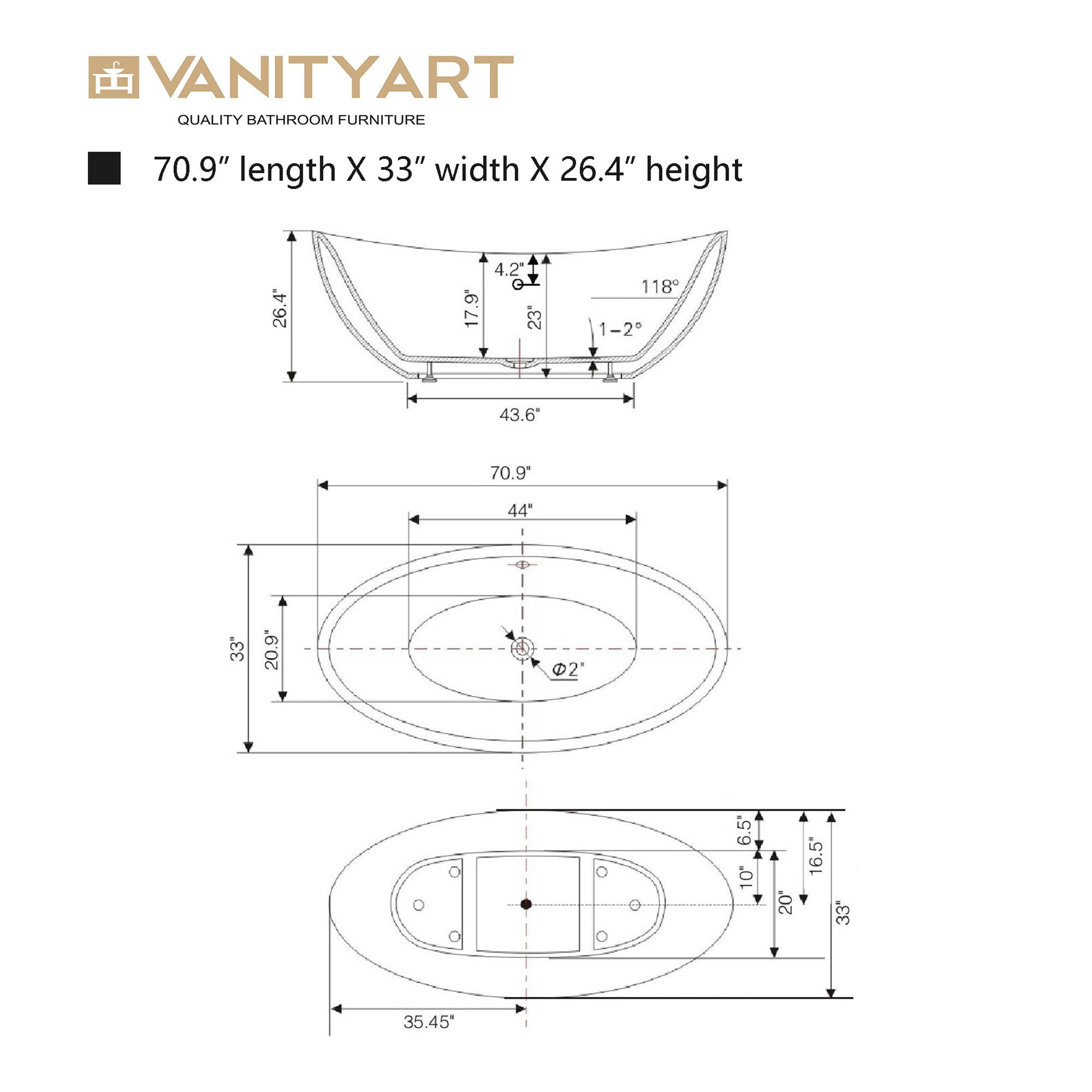71" White Acrylic Freestanding Soaking Bathtub