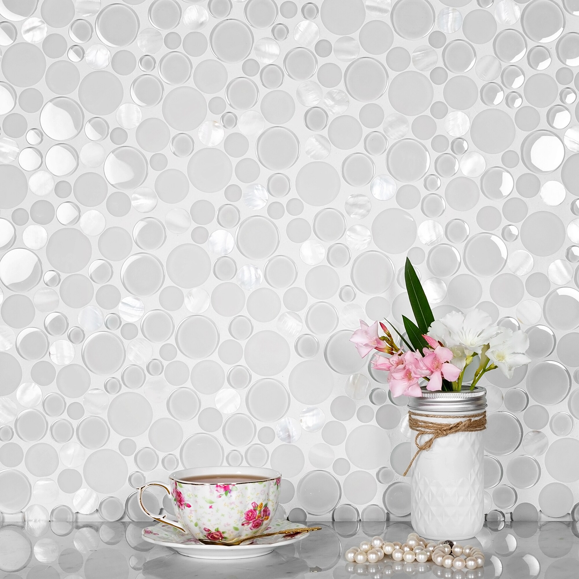 Apollo Tile White 12-in x 12-in Polished Glass; Metal; Stone Marble Penny Round Patterned Floor and Wall Tile (4.67-sq. ft/ Carton)