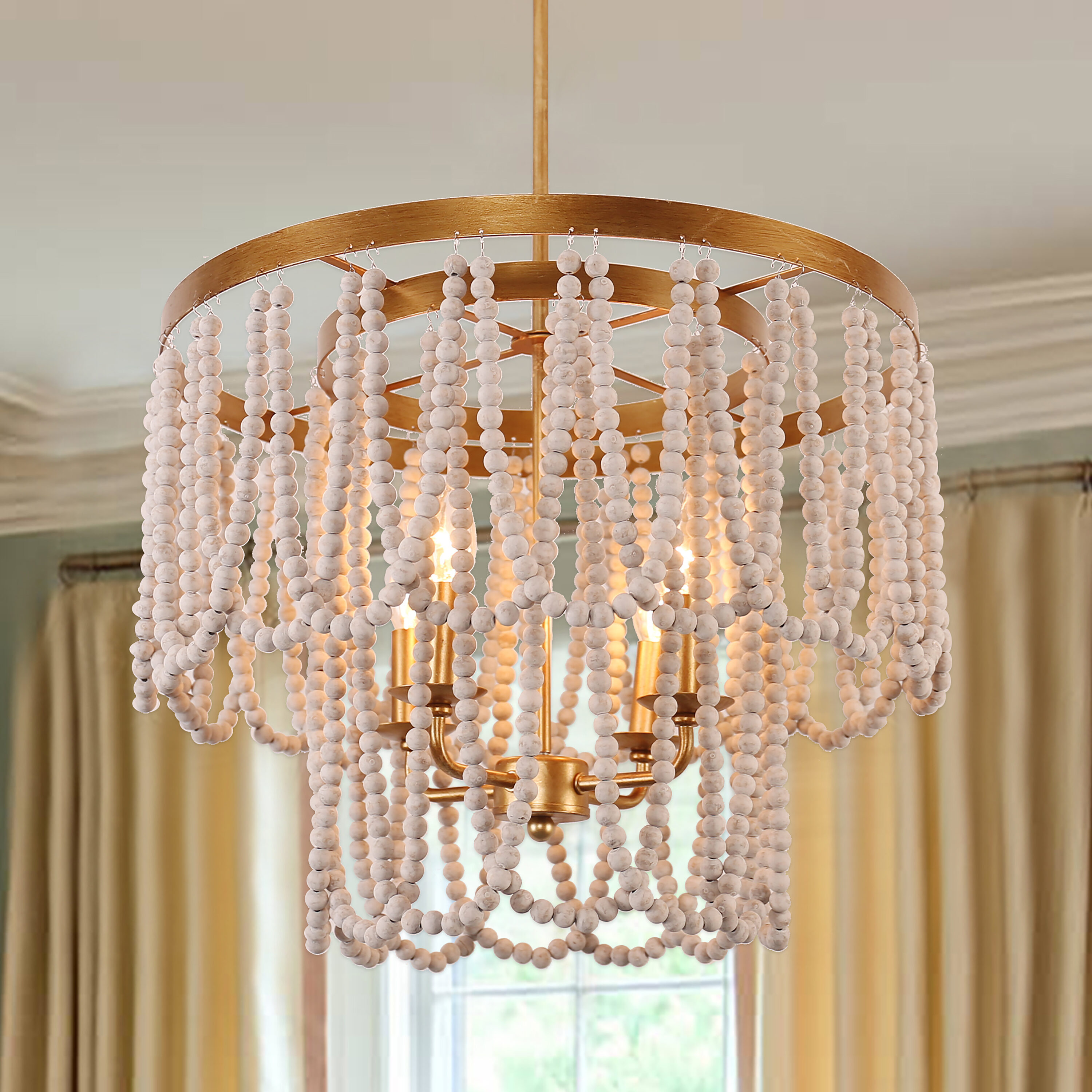 Cusp Barn FC4039-4G FC4039 4 -Light Brushed Gold Glam Beaded Wood For Use in Bedrooms, Dining Rooms, Foyers, Kitchens, Living Rooms Chandelier