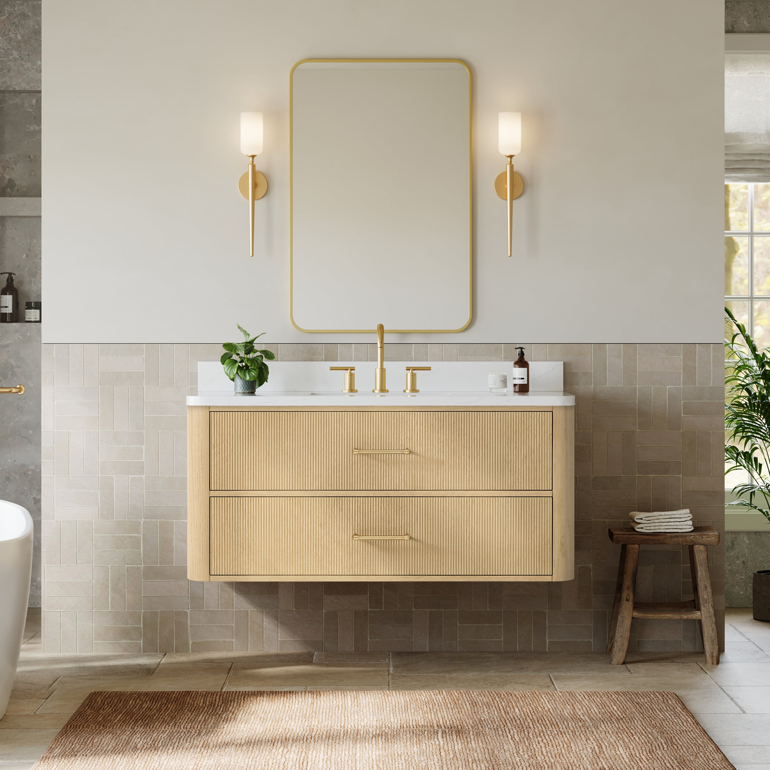 Wyndham Collection Francesca WM 48 Inch Single Wall Mounted Bathroom Vanity in Scandinavian Oak, Rounded Giotto Quartz Countertop, Undermount Square Sink (3-Hole), Satin Bronze Trim