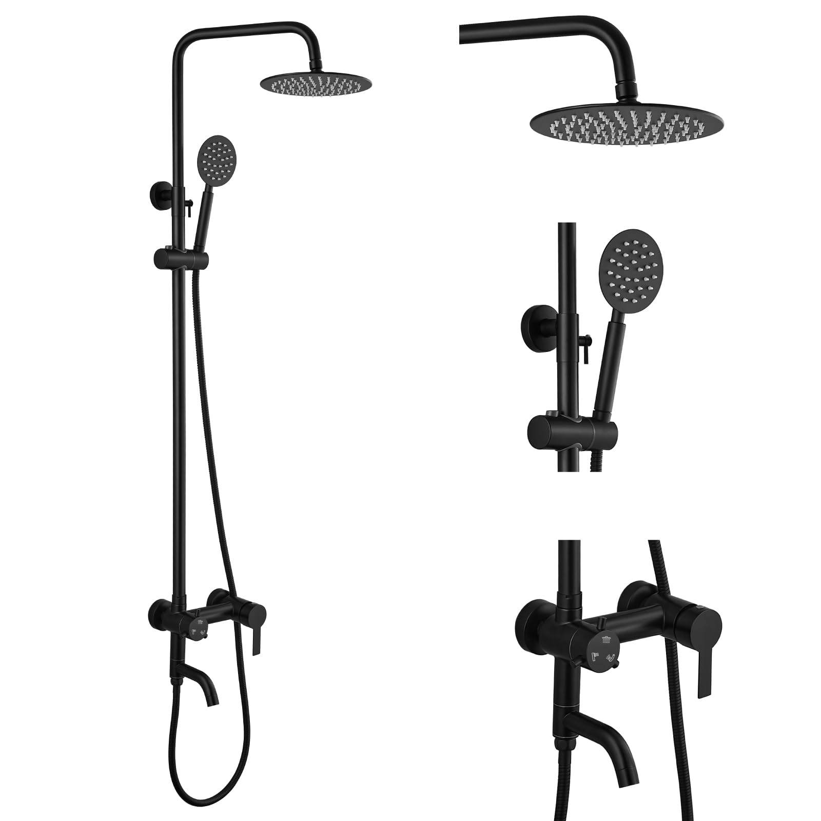 UUDULY  Outside Shower Fixture Wall Mount Matte Black SUS 304 Stainless Steel Triple Function with Hand Sprayer and Tub Spout 8 Inch Rainfall