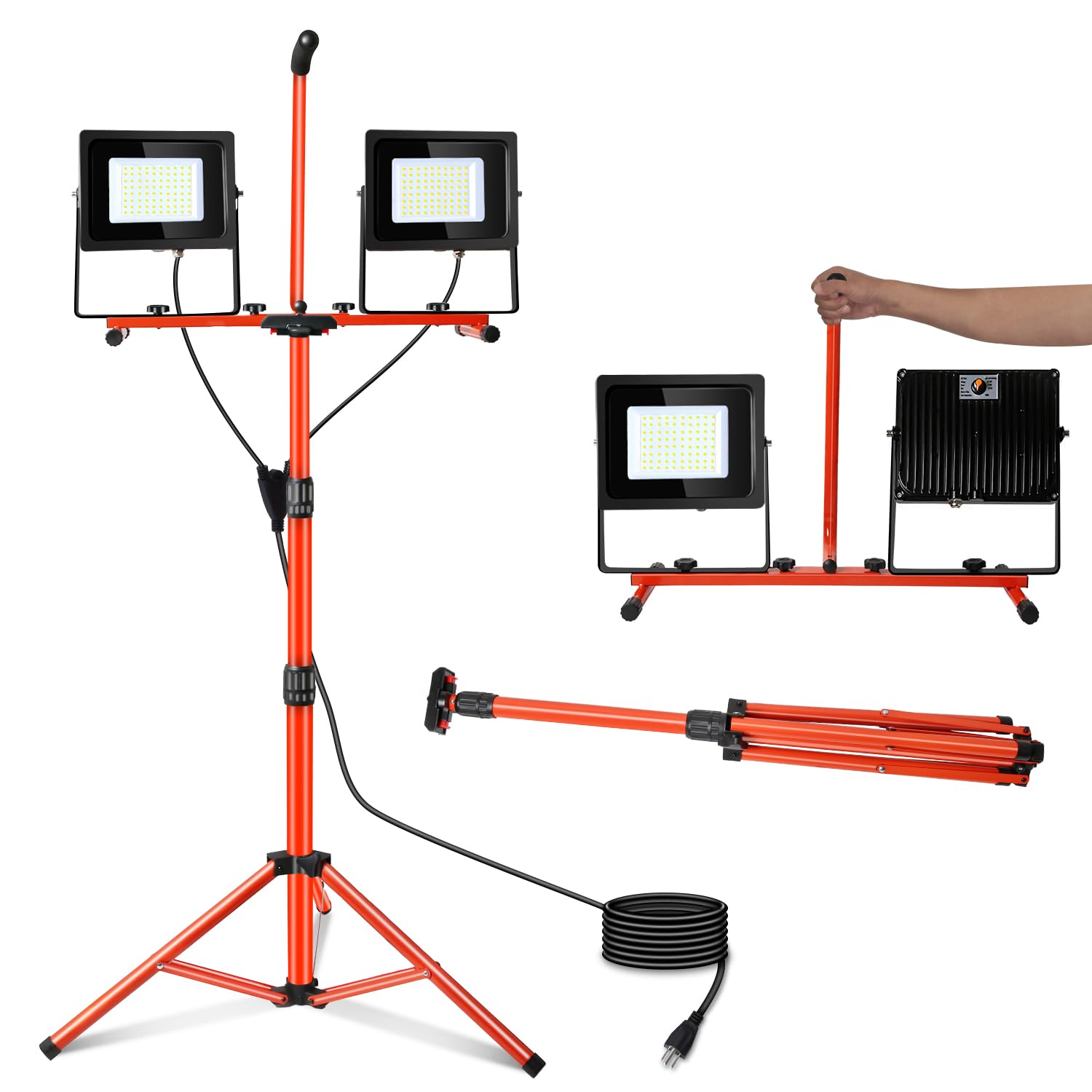 DYRCJ  30000 Lumen LED Work Lights with Stand 3 Adjustable Heads Tripod Flood Light 150W 6000K Portable IP65 Waterproof 10Ft Power Cord for