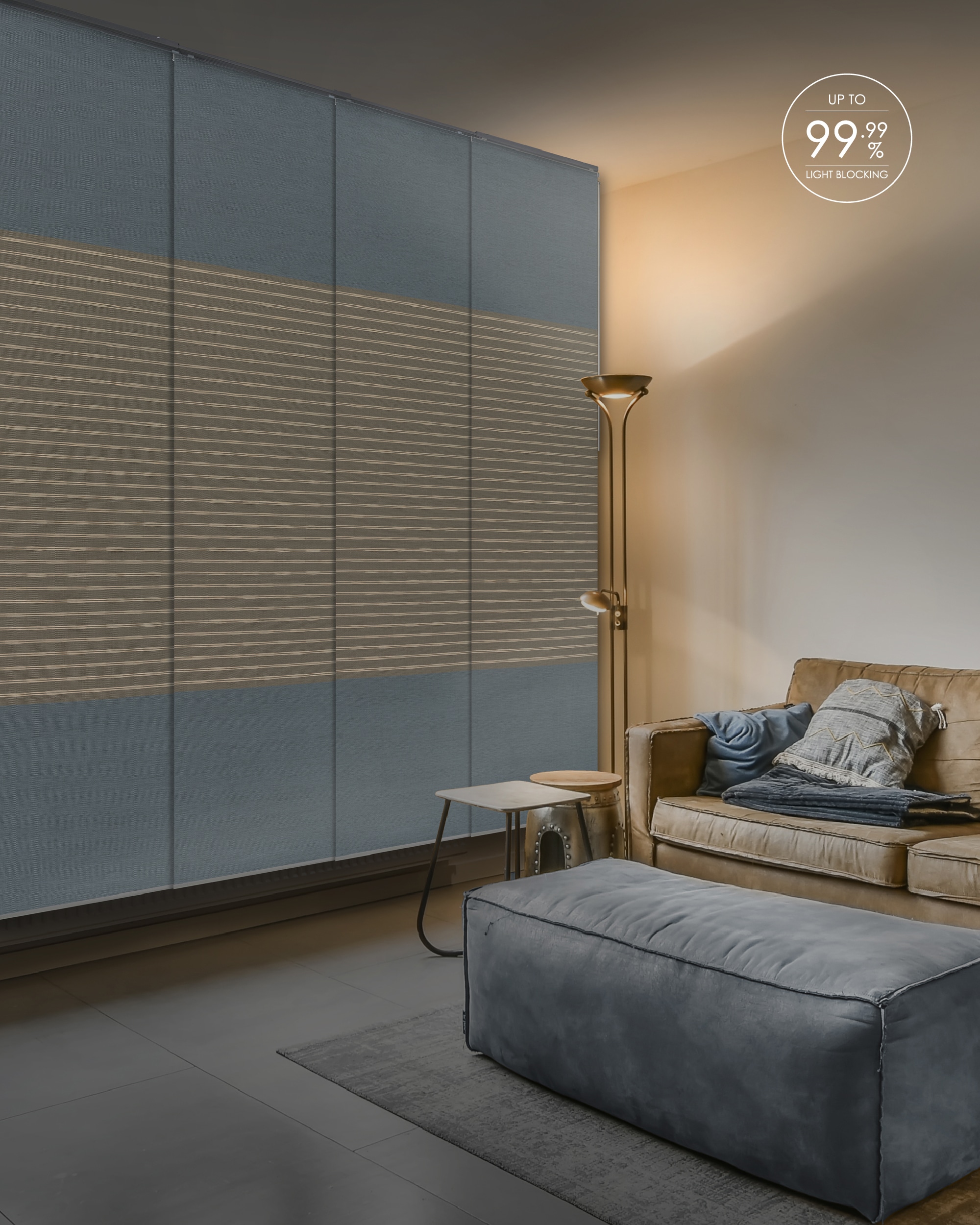 GoDear Design APX128796I086096 4-Panel Single Rail 23-in Slat Width 86-in x 96-in Cordless Denim Stitch Fabric Blackout Vertical Blinds