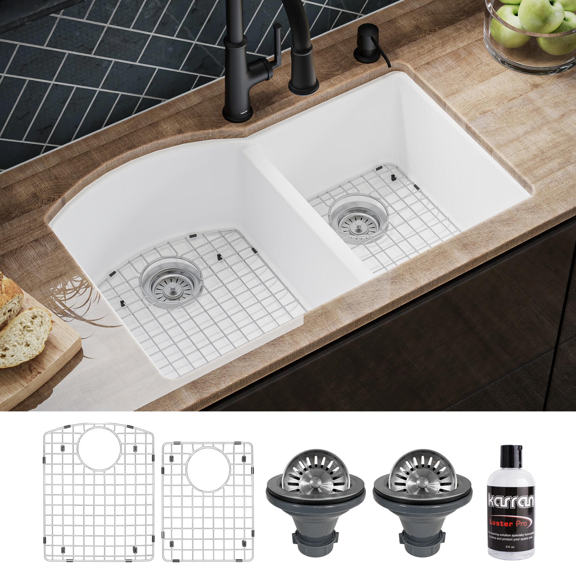 Karran QU-610-WH-PK1 Undermount 32-in x 21-in Quartz Double offset bowl Kitchen Sink