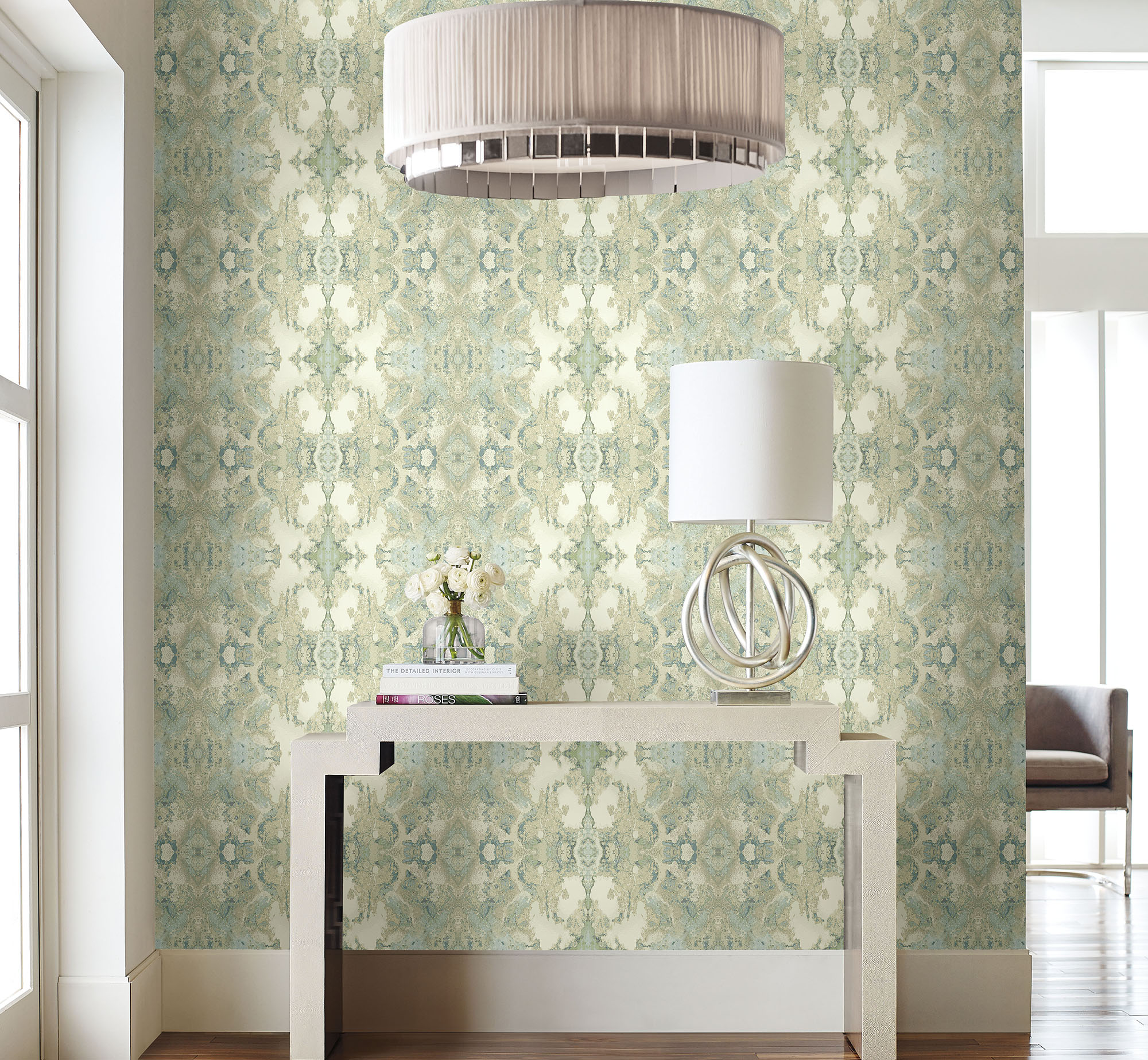Spa Blue and Green Grasscloth Peel and Stick Wallpaper