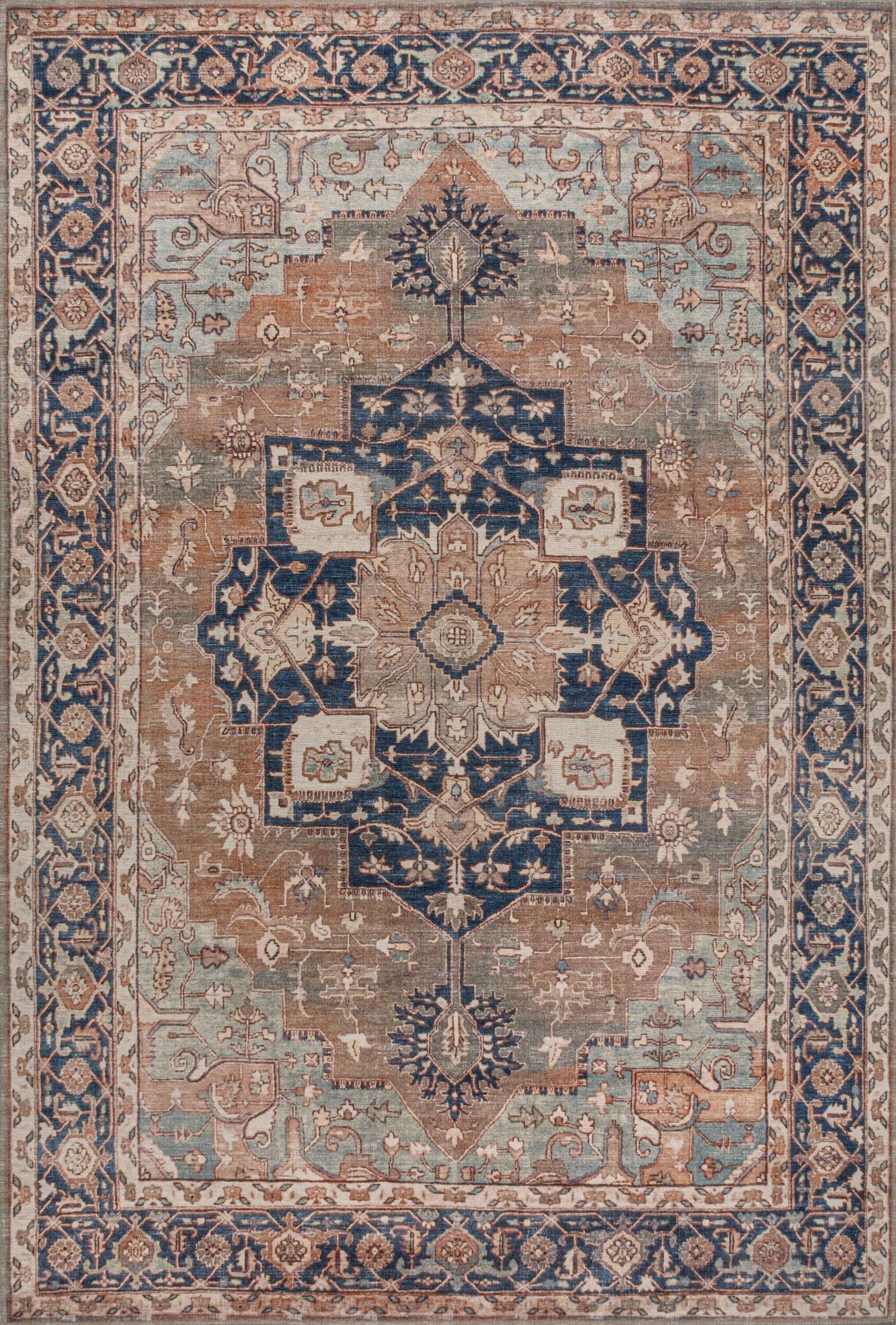 Maris Ornate Medallion Machine-Washable Beige and Blue Chenille Area Rug