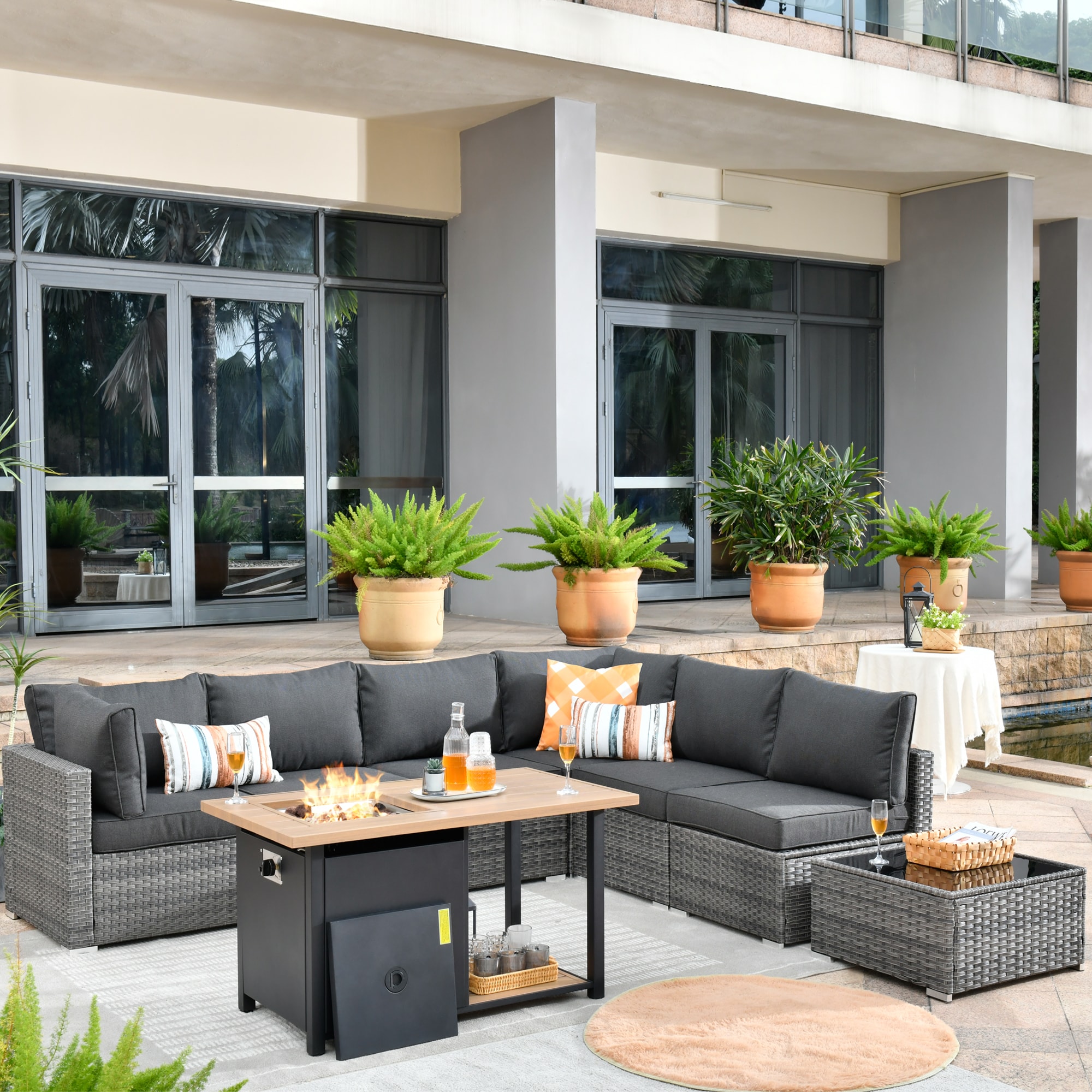 Pouuin SDFPHOP107 8 -Piece Wicker Patio Sofa Conversation Set with Black Cushions