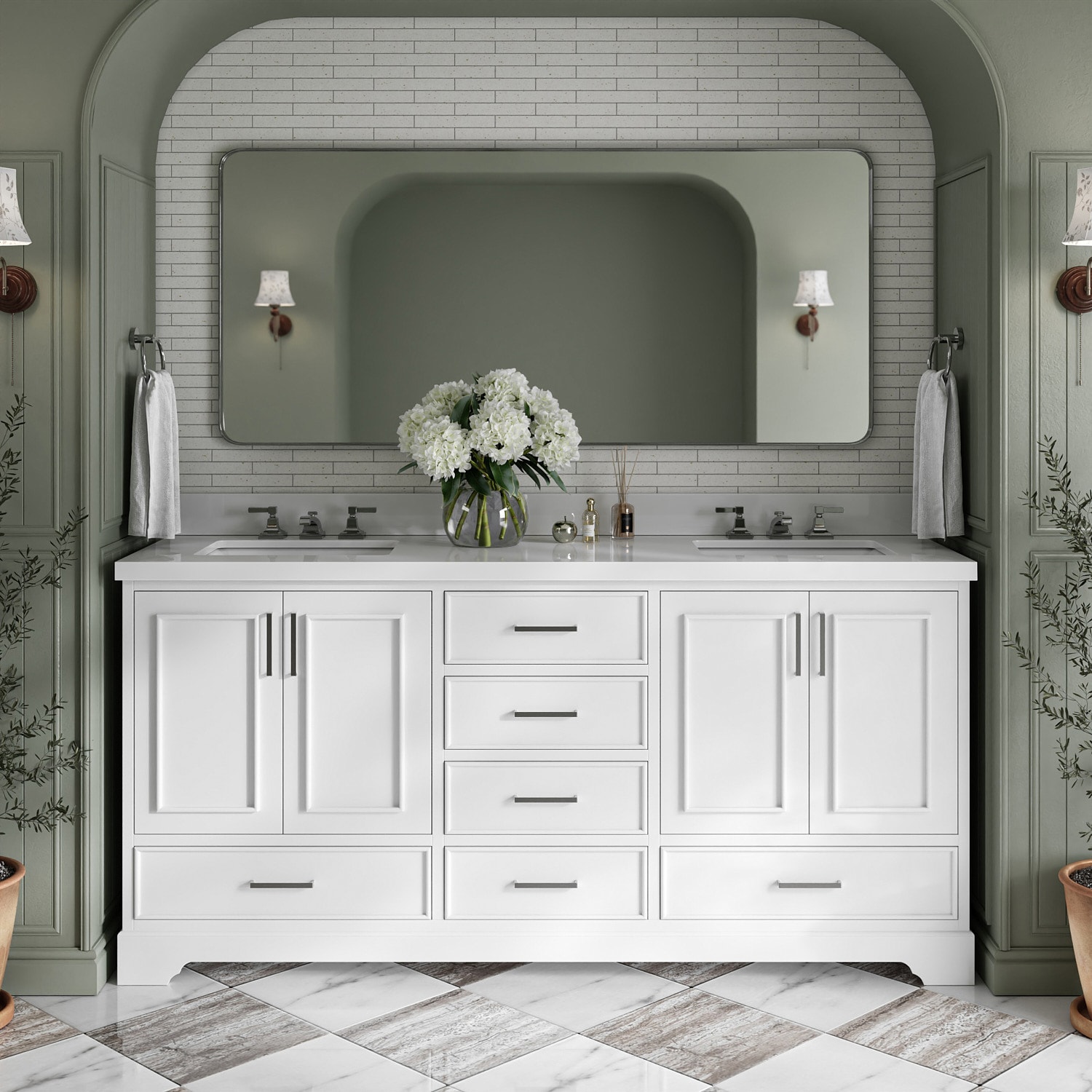 ARIEL M073DWQRVOWHT Stafford 72-in White Undermount Double Sink Bathroom Vanity with Pure White Quartz Quartz Top