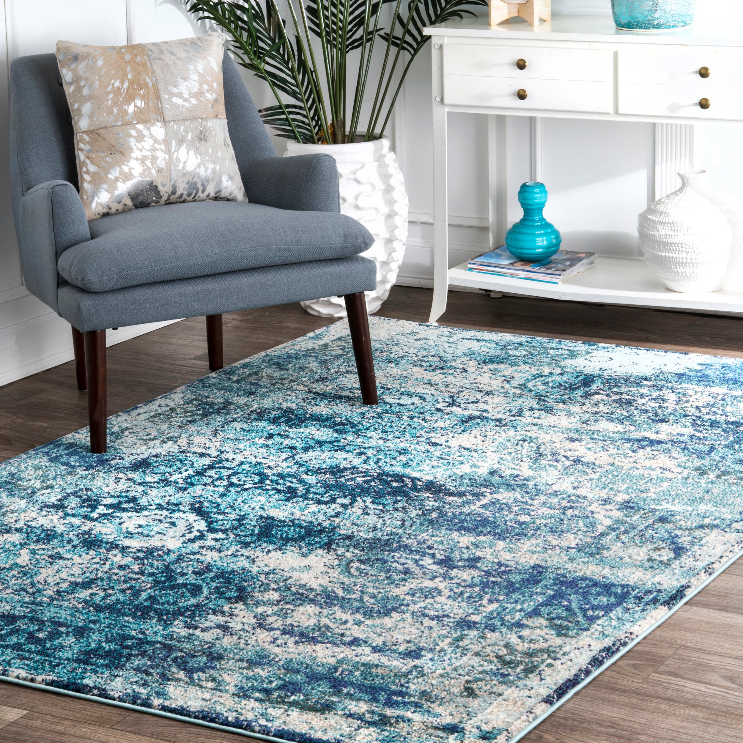 nuLOOM KKCB08B-6709 Shuler 6 x 9 (ft) Loomed Polypropylene Ocean Blue Rectangular Indoor Floral/Botanical Area rug