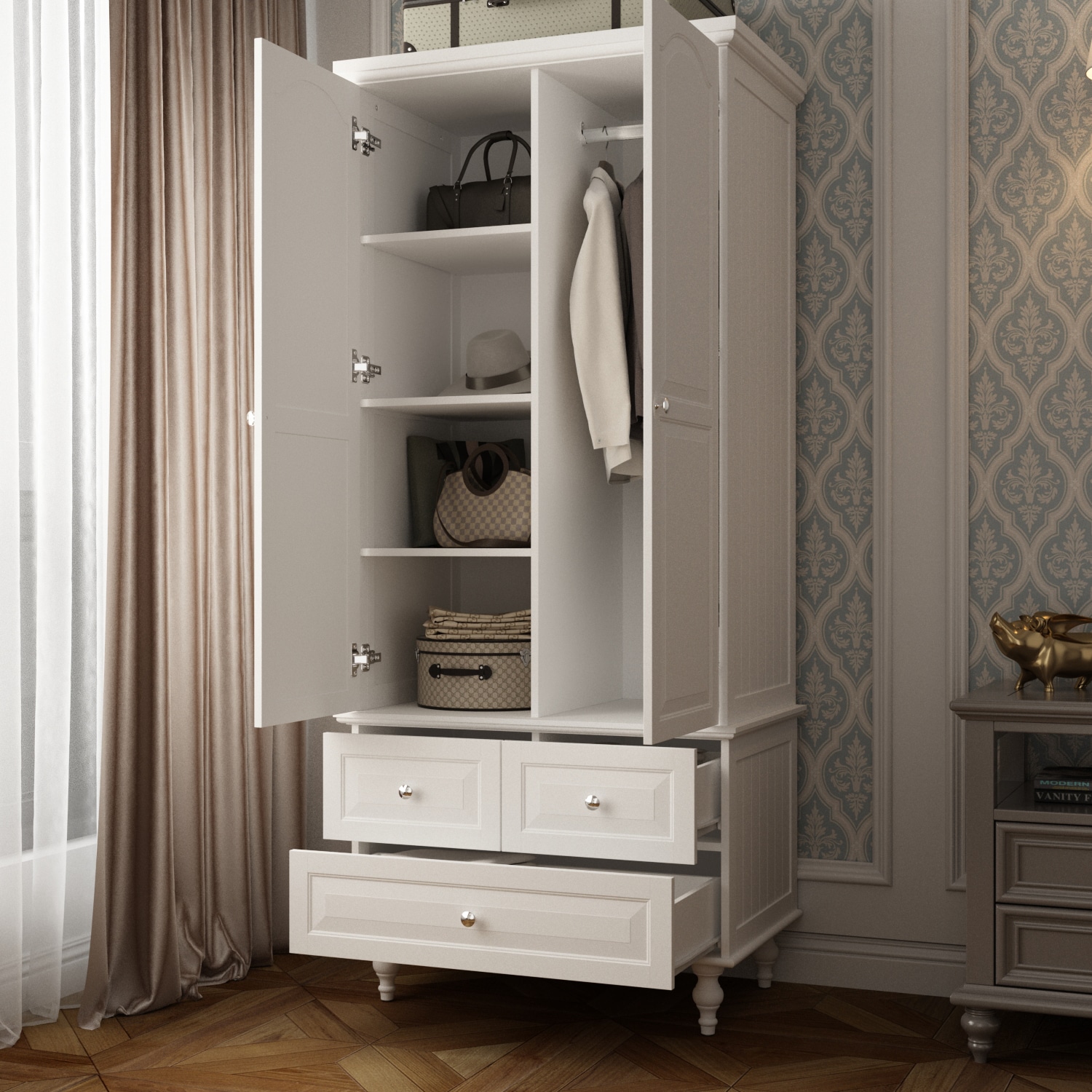 FUFU&GAGA Contemporary White Wardrobe with 2 Doors, 3 Drawers, and 4 ...