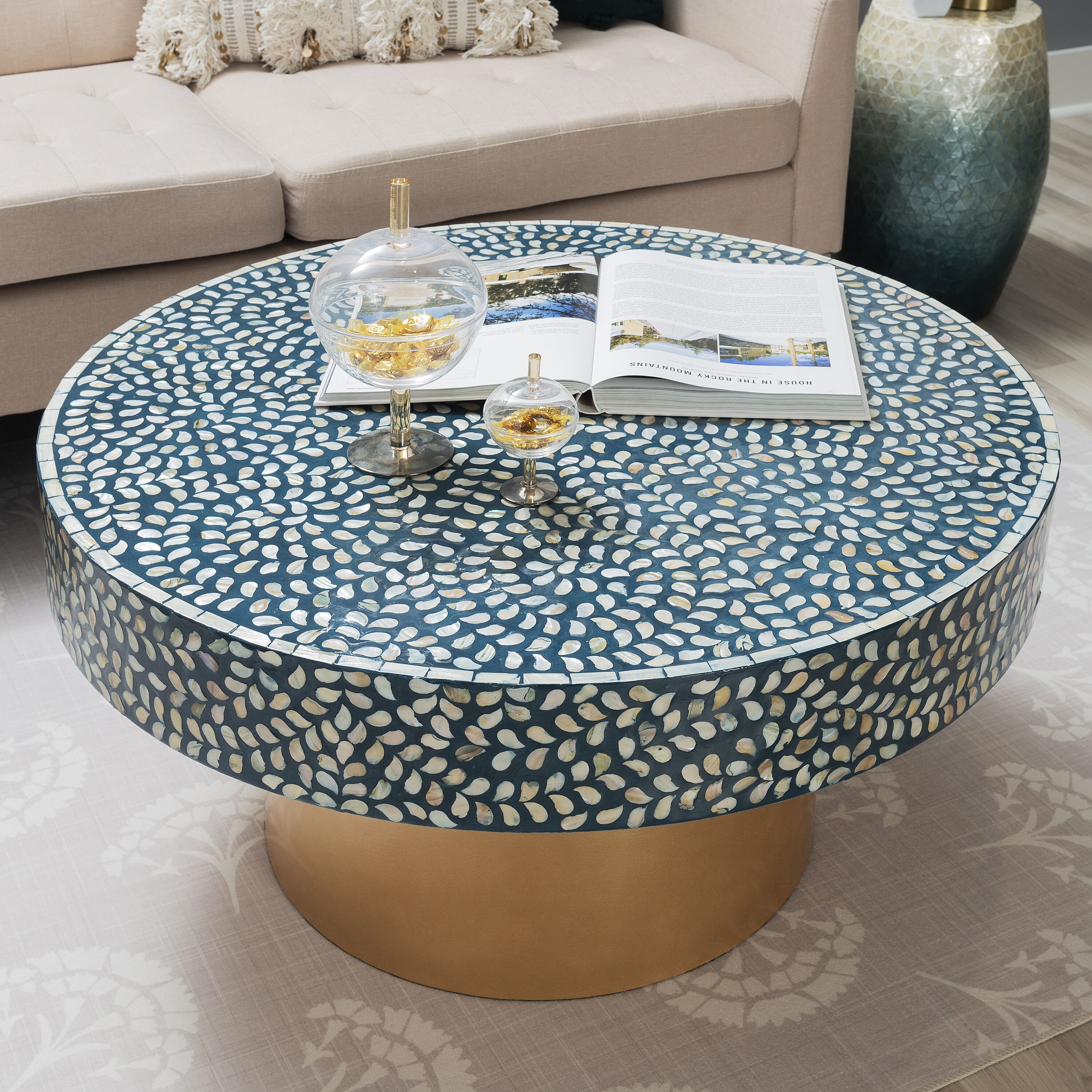 Linon LOWES1955 Searls Capiz Coffee Table Blue