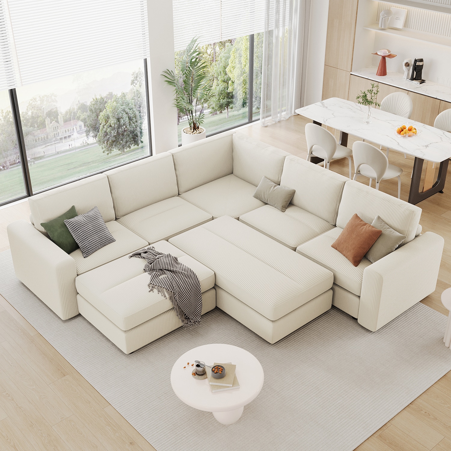 GZMR GZ-HH40076 121.3" Sectional Couch Sofa Bed Modular Sofa 121.3-in Modern Beige 6+ -seater Reclining Sofa