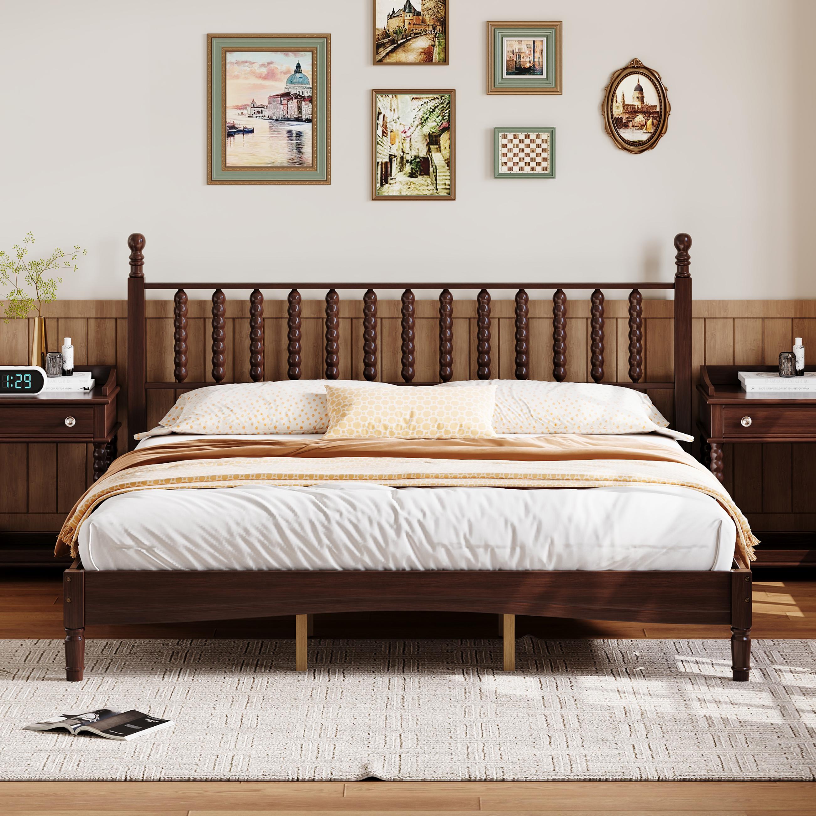 ModernLuxe L3P-N733P338316D King Size Wood Platform Bed with Gourd Shaped HeadboardRetro Style Platform Bed with Wooden Slat SupportWalnut
