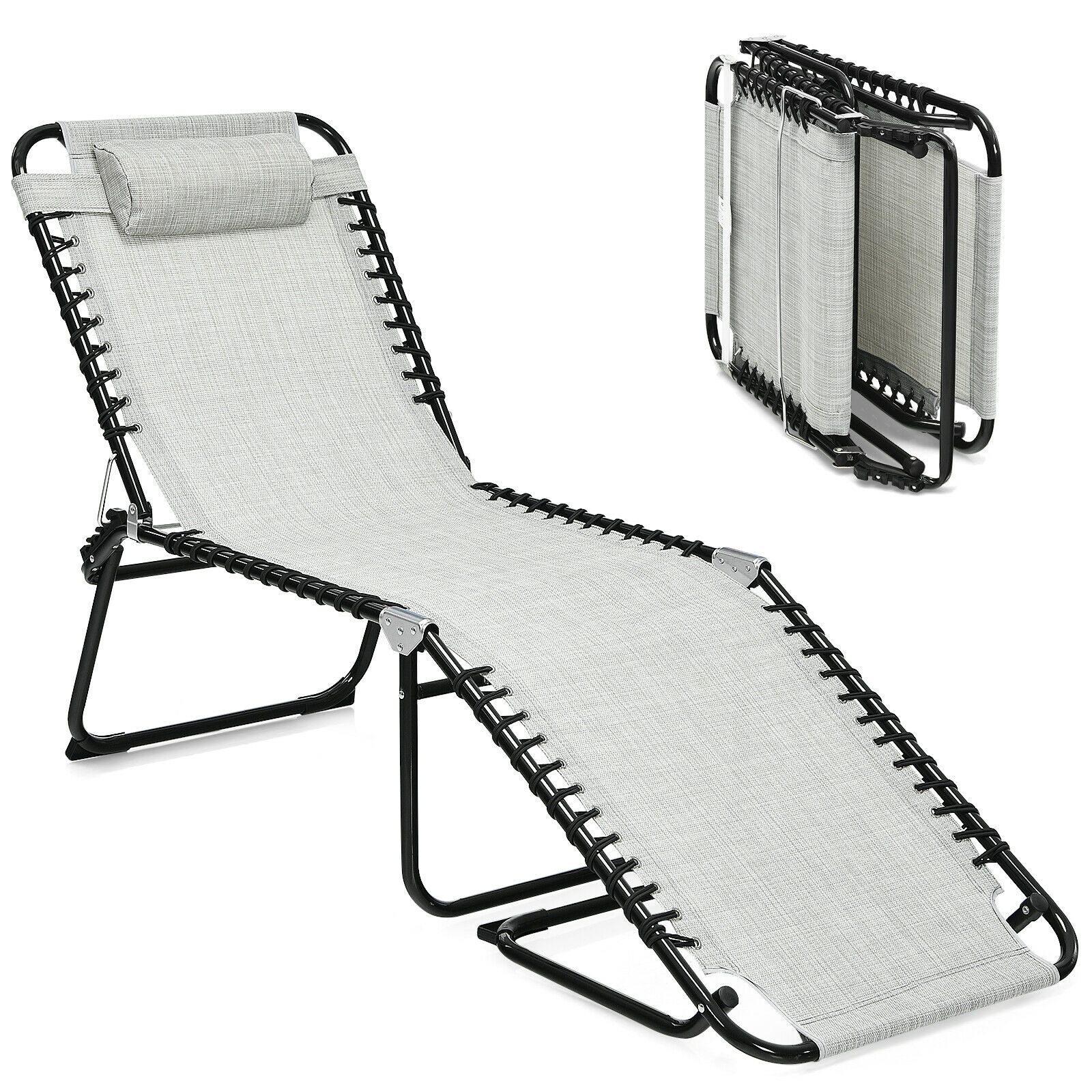 CASAINC WF-OP3564BL Outdoor Folding Zero Gravity Reclining Lounge Chair-Gray Black Wicker Frame Stationary Chaise Lounge Chair with Gray Sling Seat