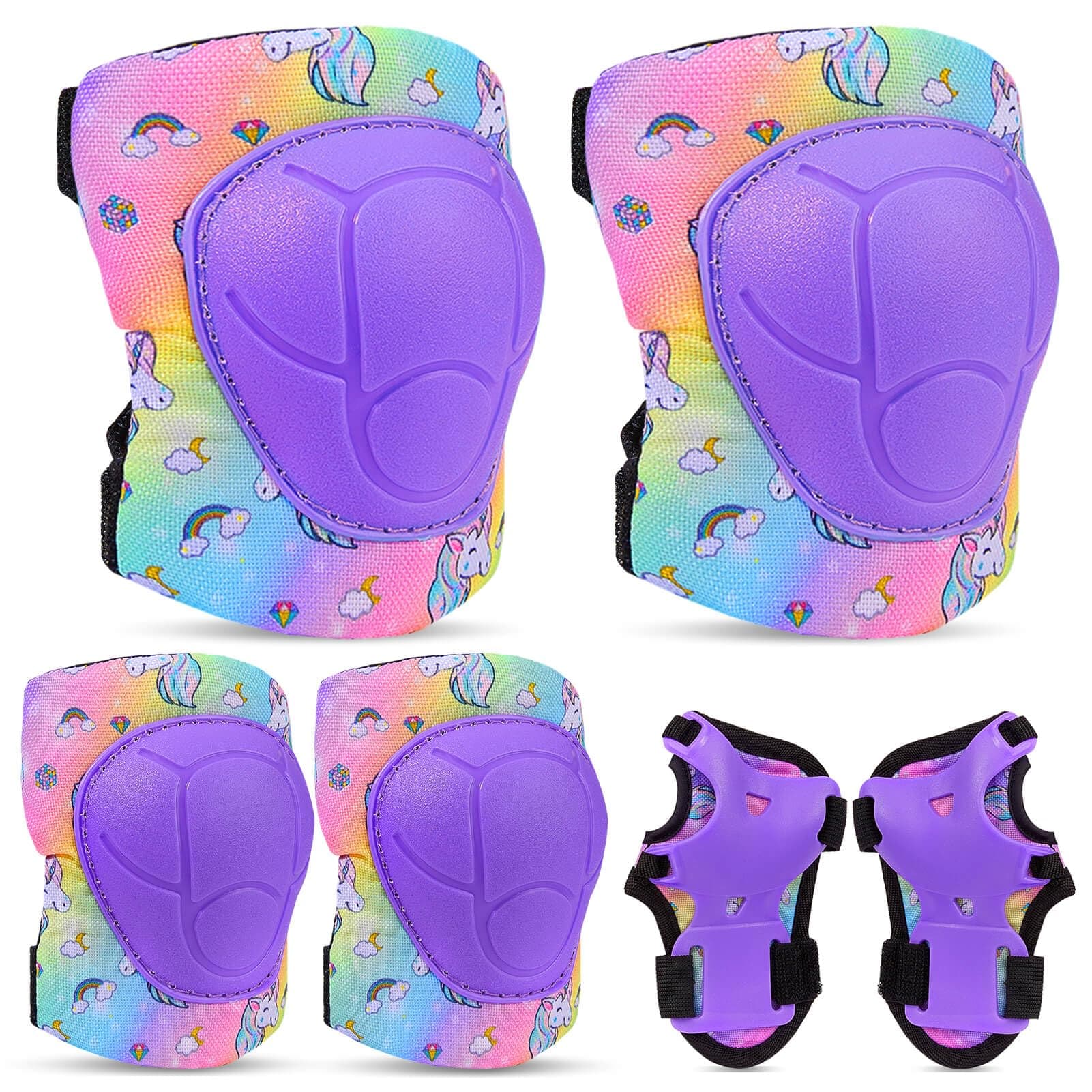 Phewnyzo  Kids Protective Gear Set Adjustable Knee Pads Elbow Pads and Wrist Guards for Girls Boys Ages Three to Eight Rainbow Unicorn