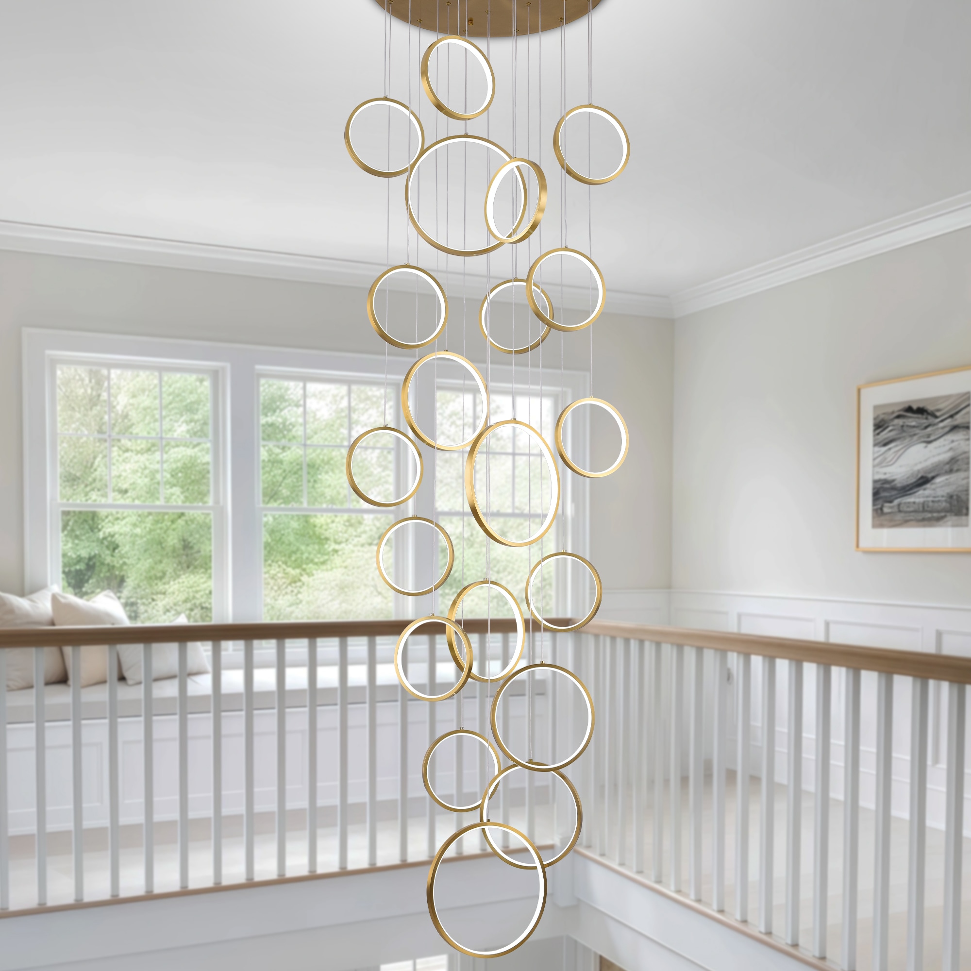 xersbav Modern LED 20 Ring Chandelier Dimmable Gold High Ceiling Pendant Light for Foyer Entryway Living Room Staircase