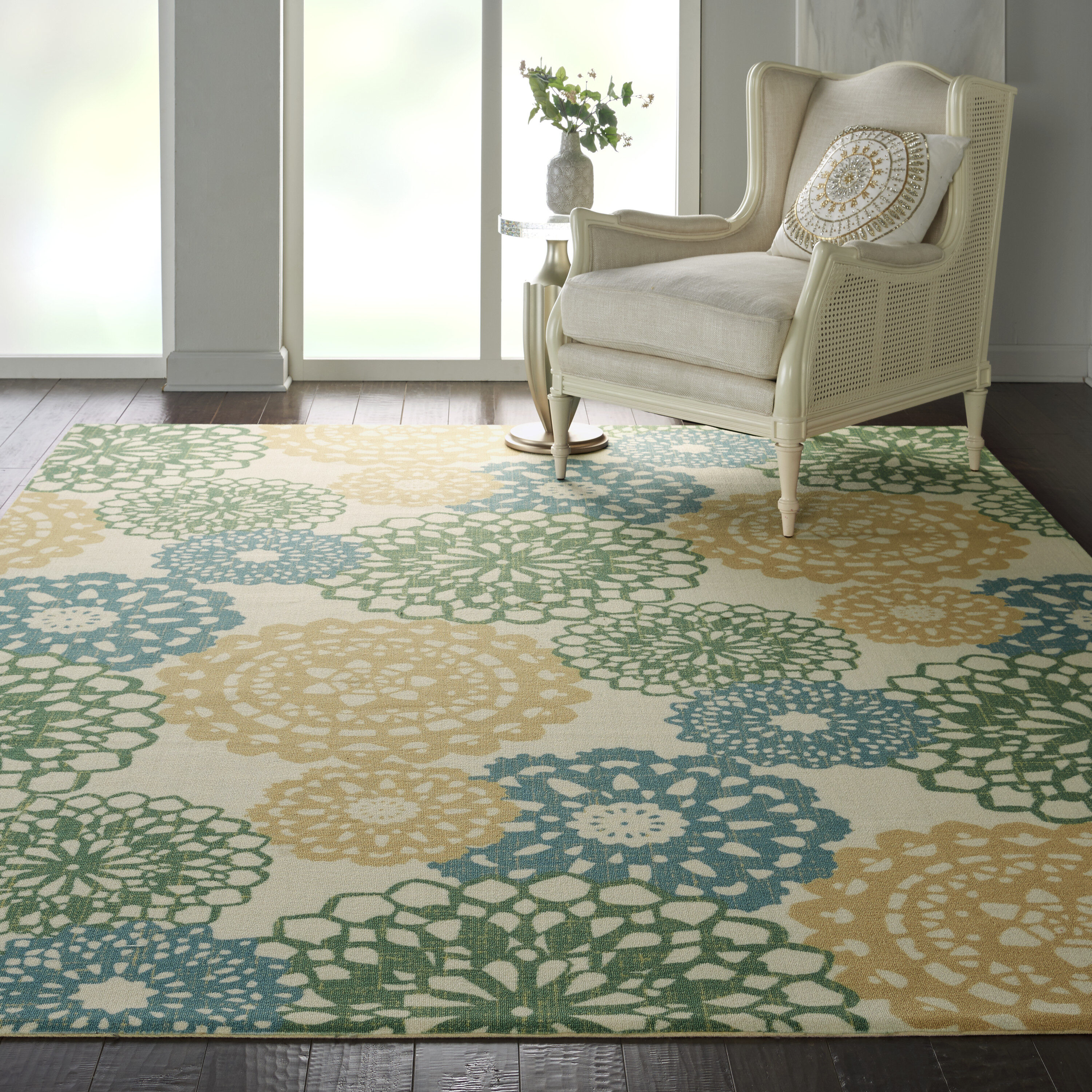 Nourison 99446476173 Sun N' Shade 10 x 13 (ft) Loomed Polyester Ivory Gold Rectangular Indoor/Outdoor Geometric Area rug