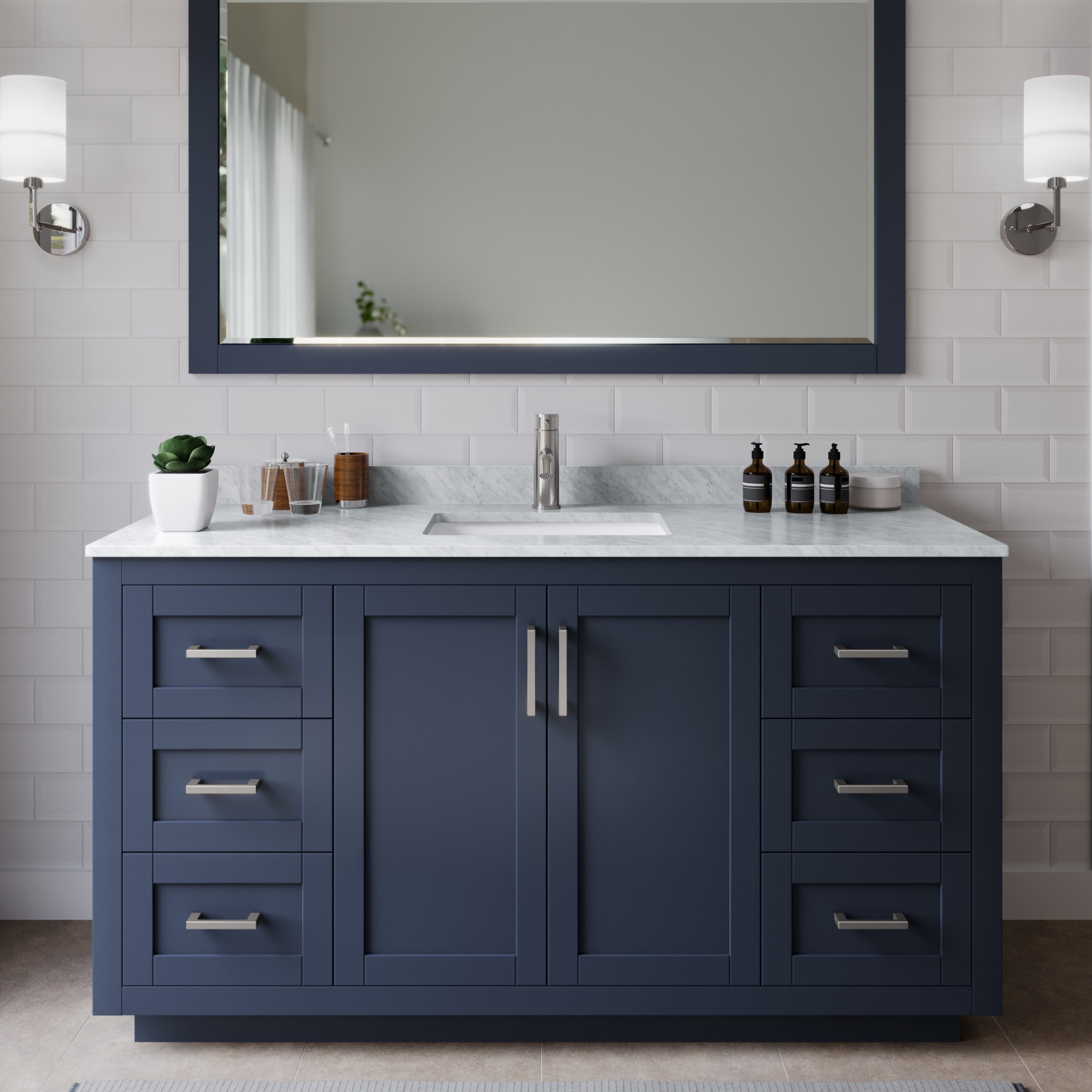 Wyndham Collection WCF292960SBNCMUNSMXX Miranda 60-in Dark Blue with Brushed Nickel Trim Undermount Single sink Bathroom Vanity with White Carrara Marble Marble Top