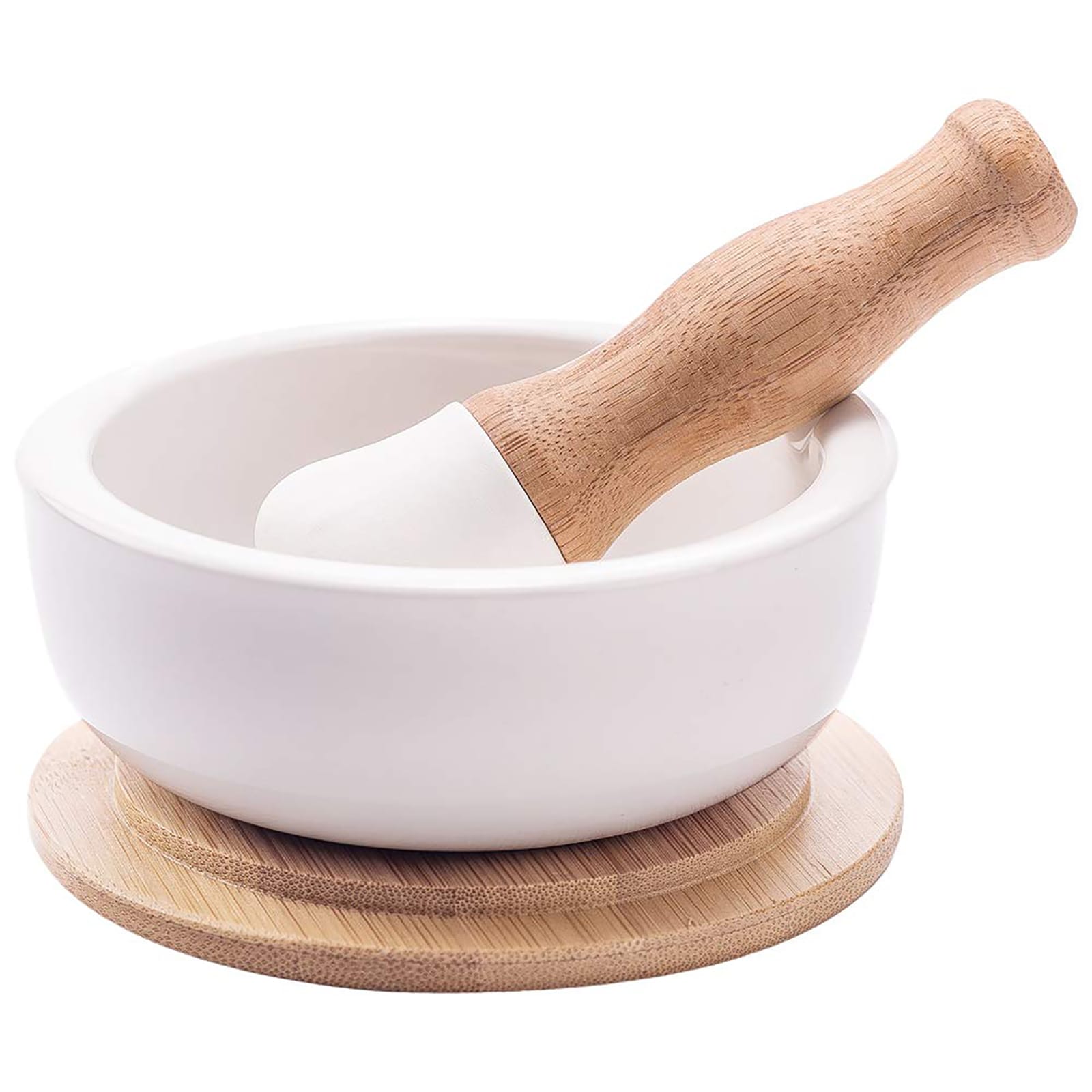 Etokfoks  Unglazed White Ceramic Mortar and Pestle Set with Bamboo Handle for Spice Grinding and Herb Crushing Kitchen Tool