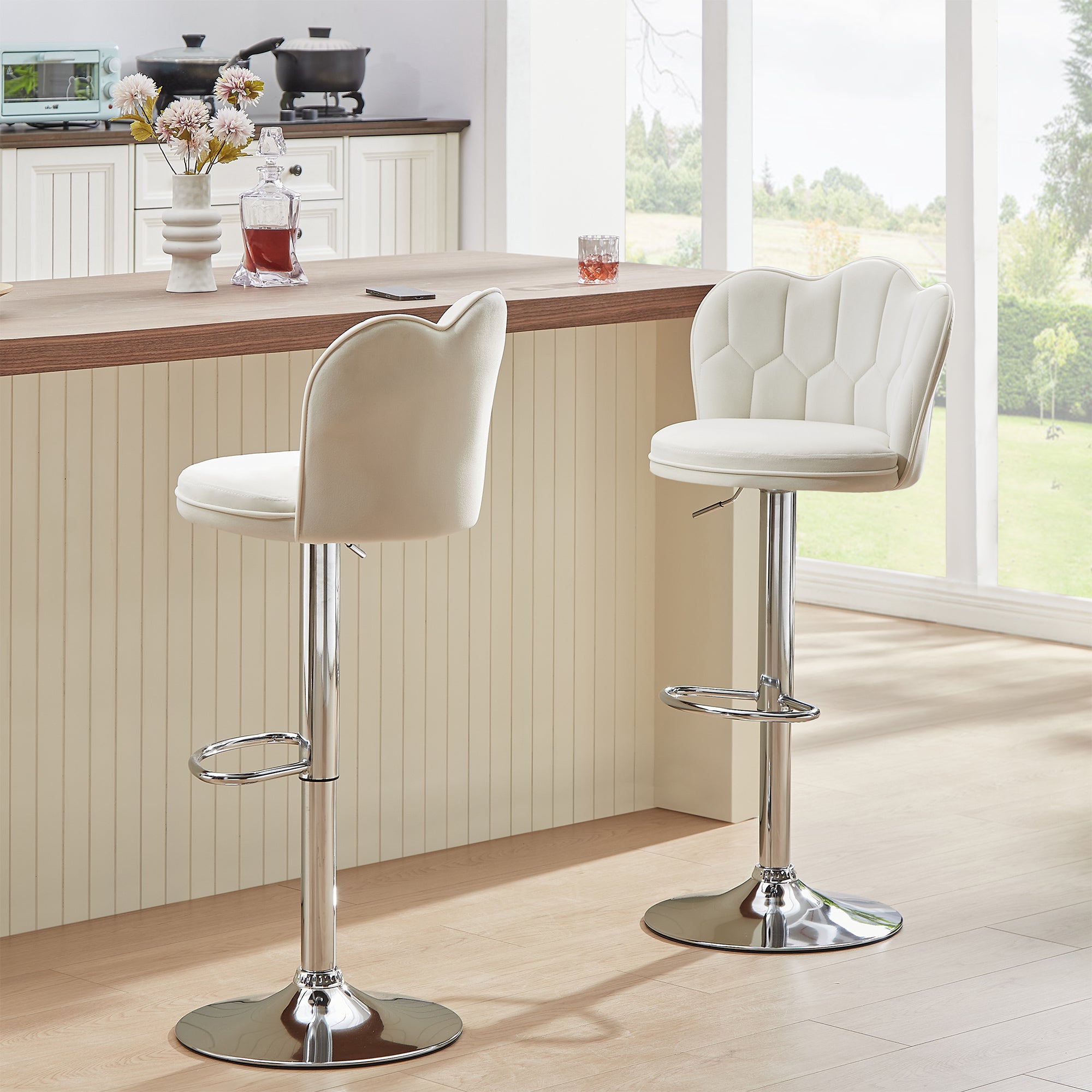 Vecelo LOE-C14-WHT Swivel Upholstered Adjustable Height Counter Stool with Metal Frame Set of 2