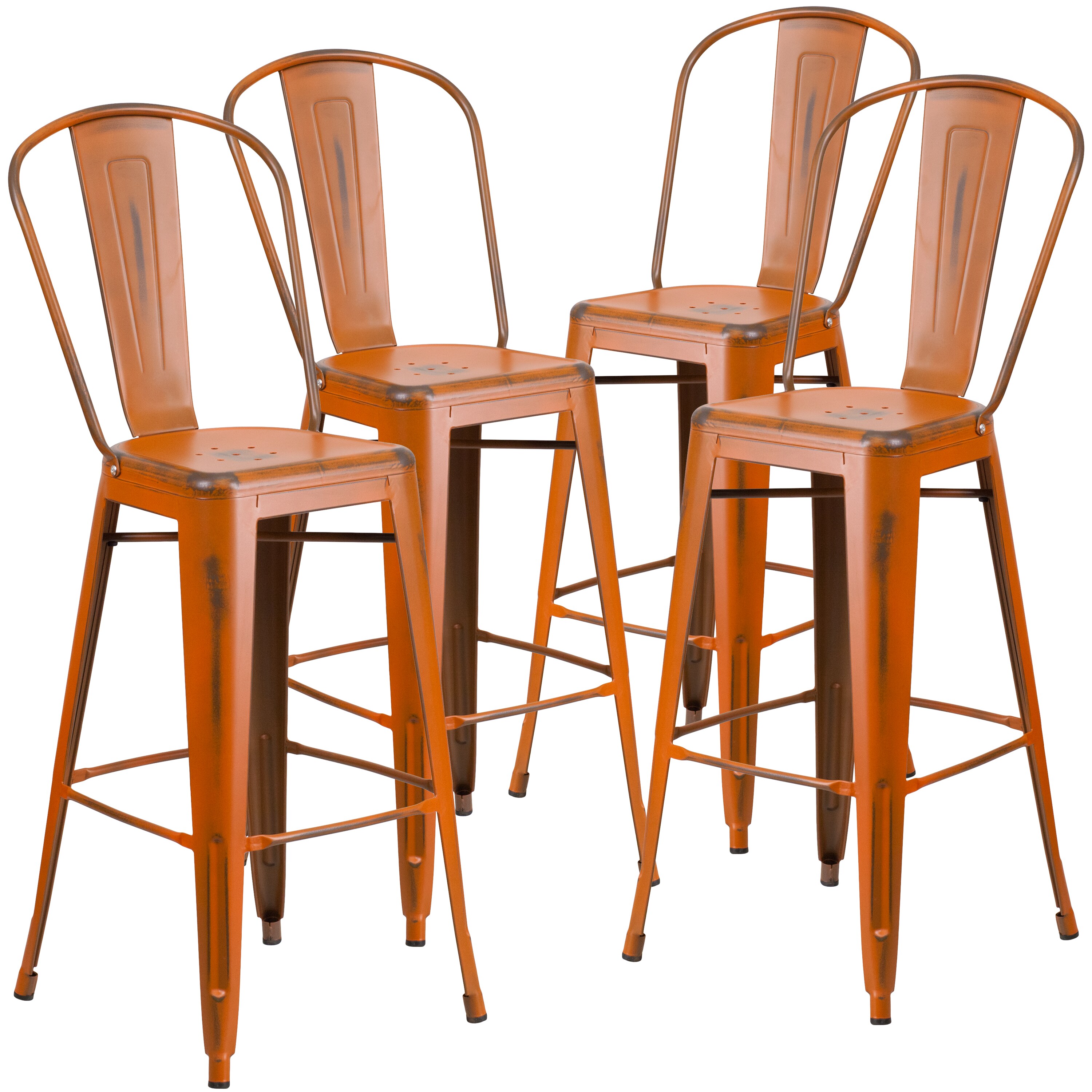 Flash Furniture 889142044451 Blake Commercial Grade 4 Pack 30-in High Distressed Orange Metal Indoor-Outdoor Barstool with Back