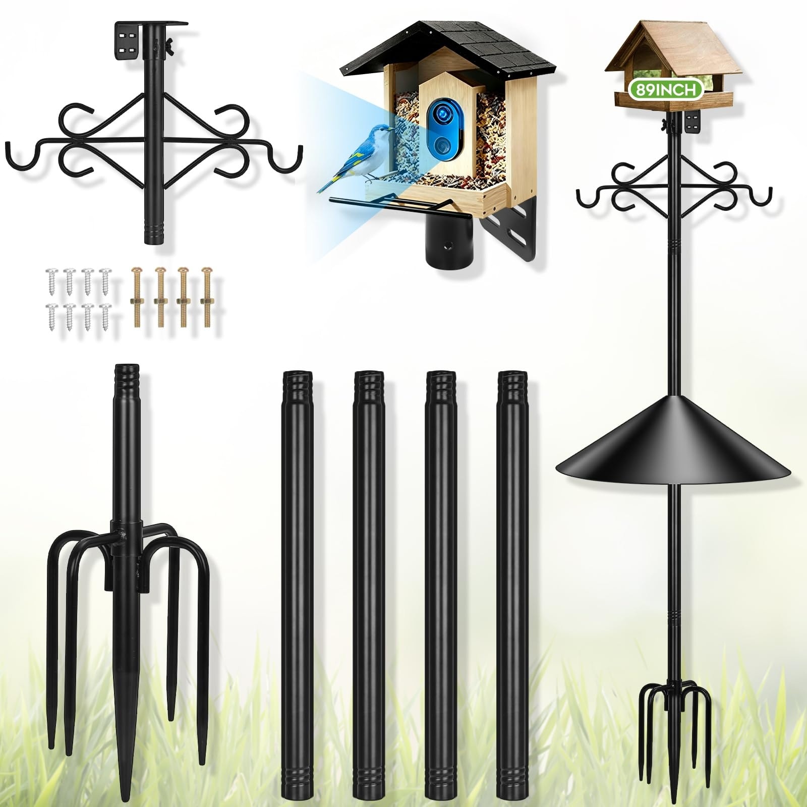 Adrinfly -  89 inch Adjustable Bird Feeder Pole with Double Hooks Squirrel Baffle 5 Prong Base Fi...