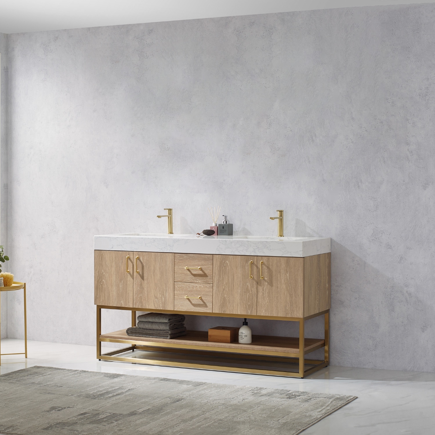 Alistair 60" Oak Double Vanity with White Stone Top and Brushed Gold Trim