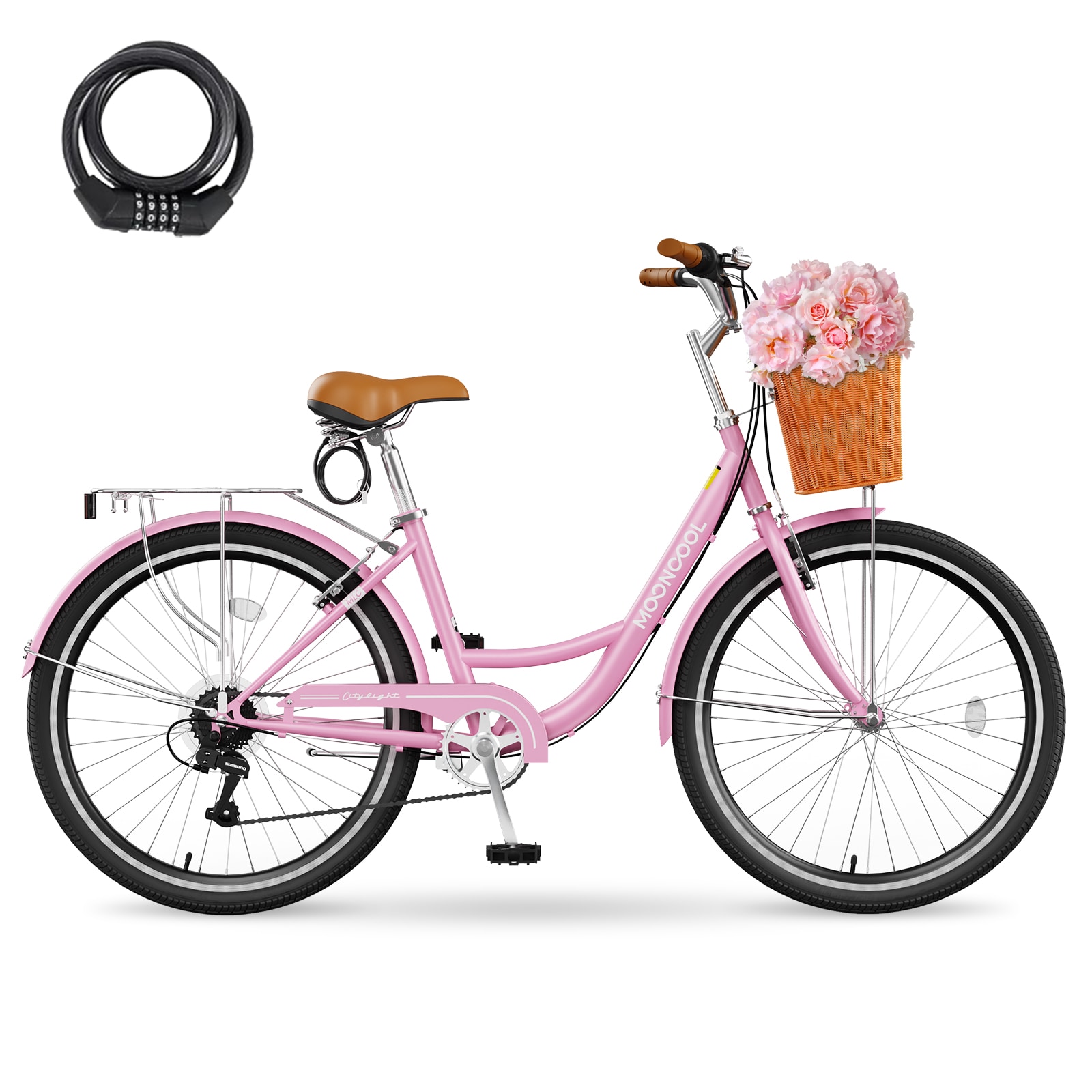 MOONCOOL 26 inch 7 Speed Beach Cruiser Bikes with Front Basket