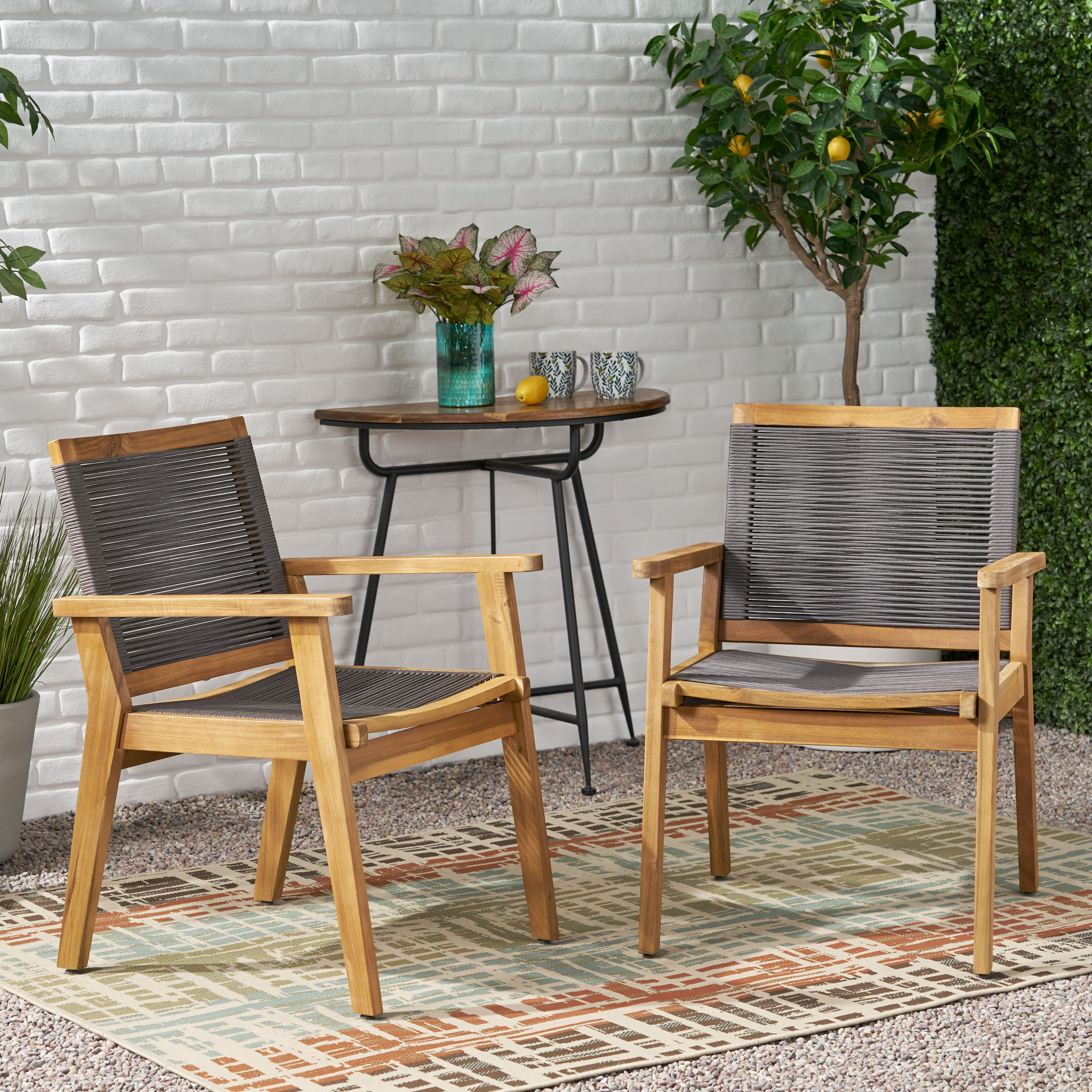 Set of 2 Teak and Dark Gray Rope Outdoor Dining Chairs