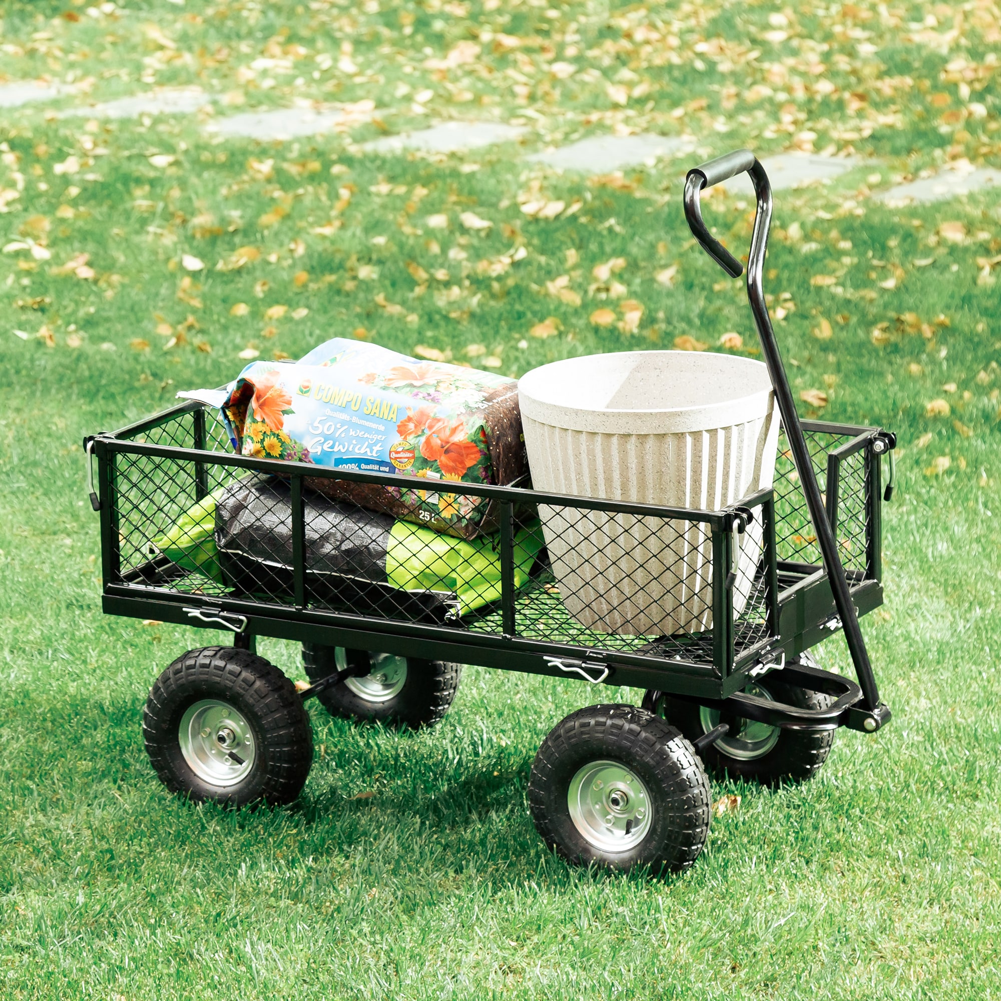 Glitzhome Heavy Duty Black Steel Utility Garden Cart, 42.5-in L, 4 Cu Ft,  Towable, Pneumatic Tires at