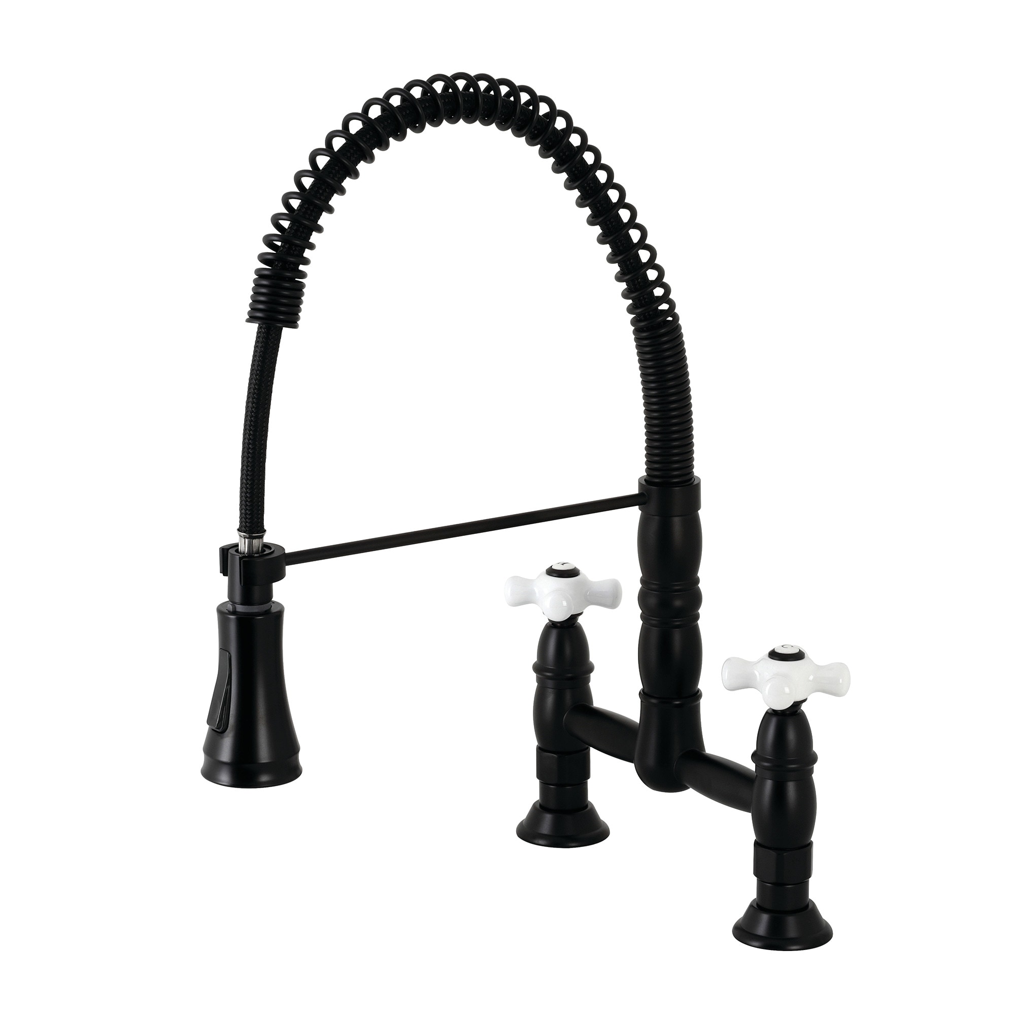Kingston Brass WLGS1270PX Heritage Matte black Double Handle Deck-mount Bridge Kitchen Faucet with Sprayer