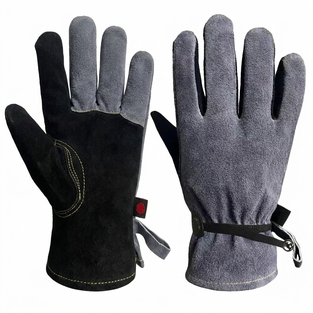 Etokfoks  Leather Work Gloves with Cotton Lining Thorn Resistant Suede Safety Gloves for Gardening Welding Construction Black