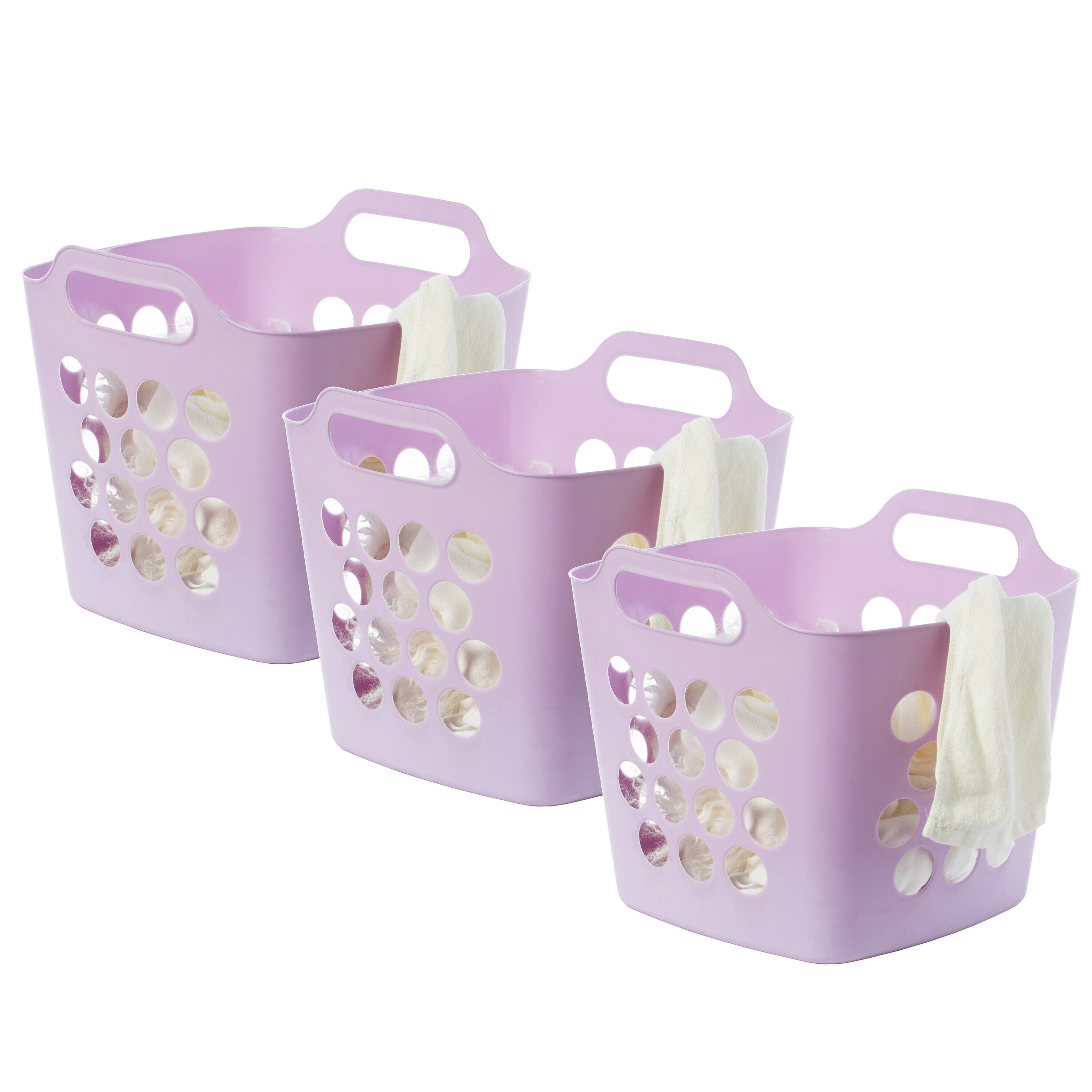 Basicwise QI003857.PUR.3 Flexible Plastic Carry Laundry Basket Holder Square Storage Hamper with Side Handles Purple Set of 3