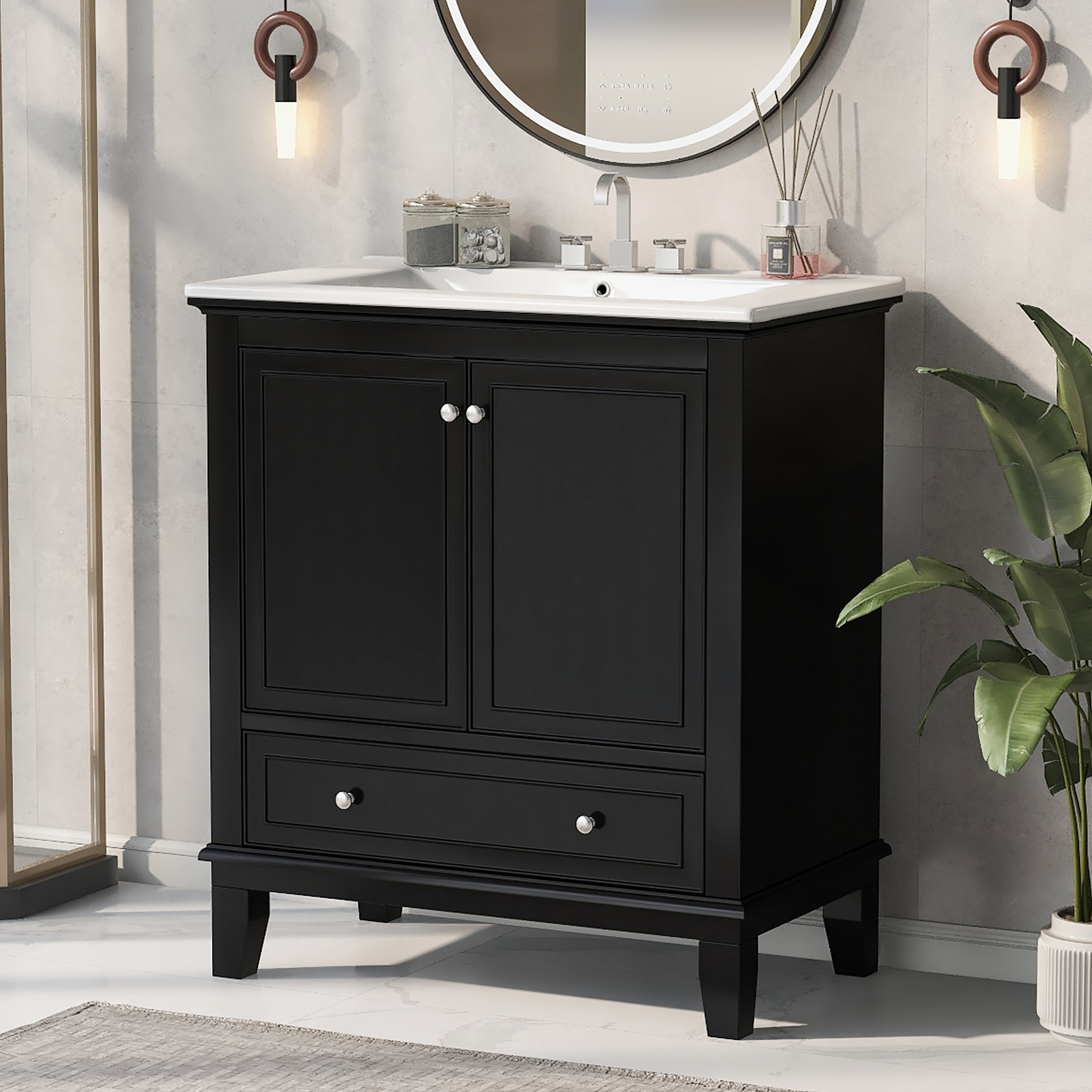 CASAINC - 30-in Black Undermount Single Sink Bathroom Vanity with White Ceramic Top