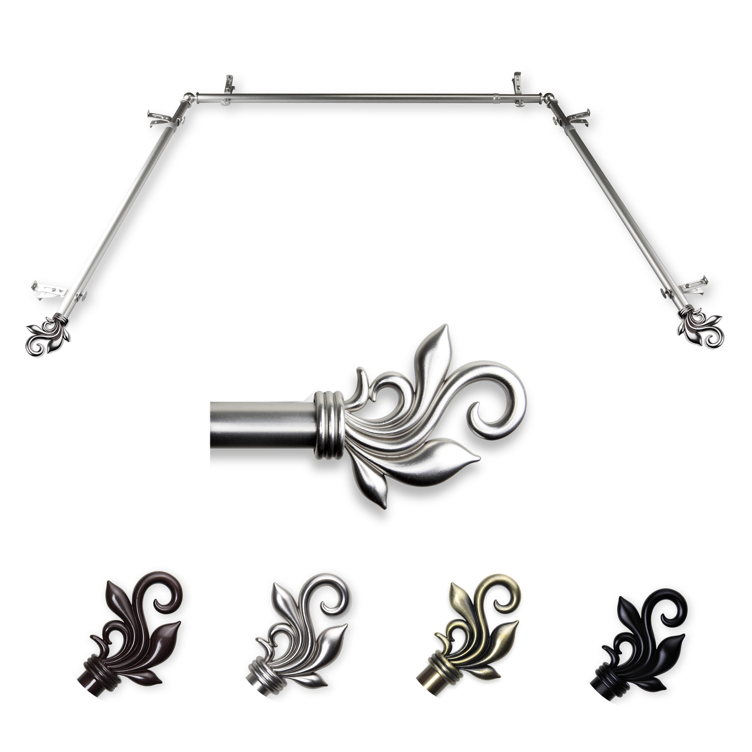 Hart & Harlow LO-ABAY-74-5 72-in to 144-in Satin Nickel Steel Bay window curtain rod with Finials
