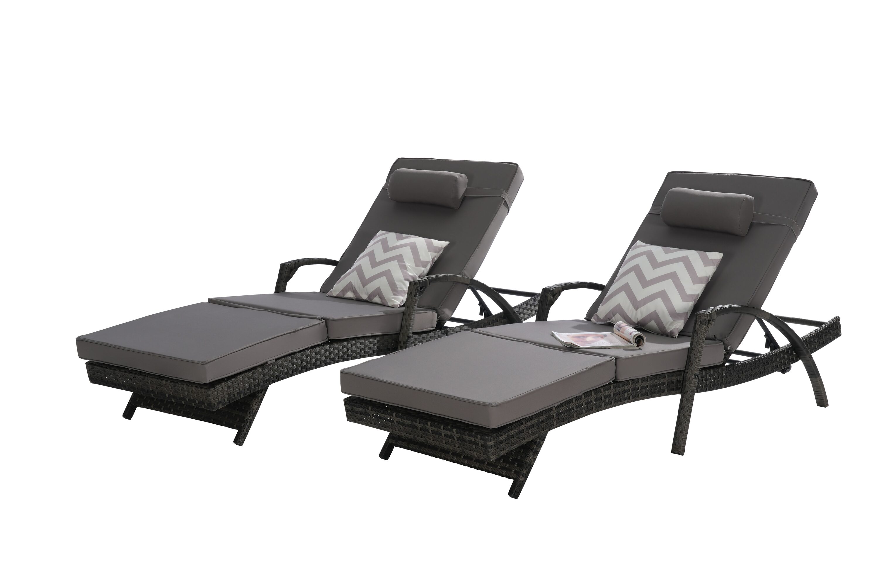 Forclover MONMQX03DG Outdoor Wicker Long Reclining Chair Set of 2 with Cushions