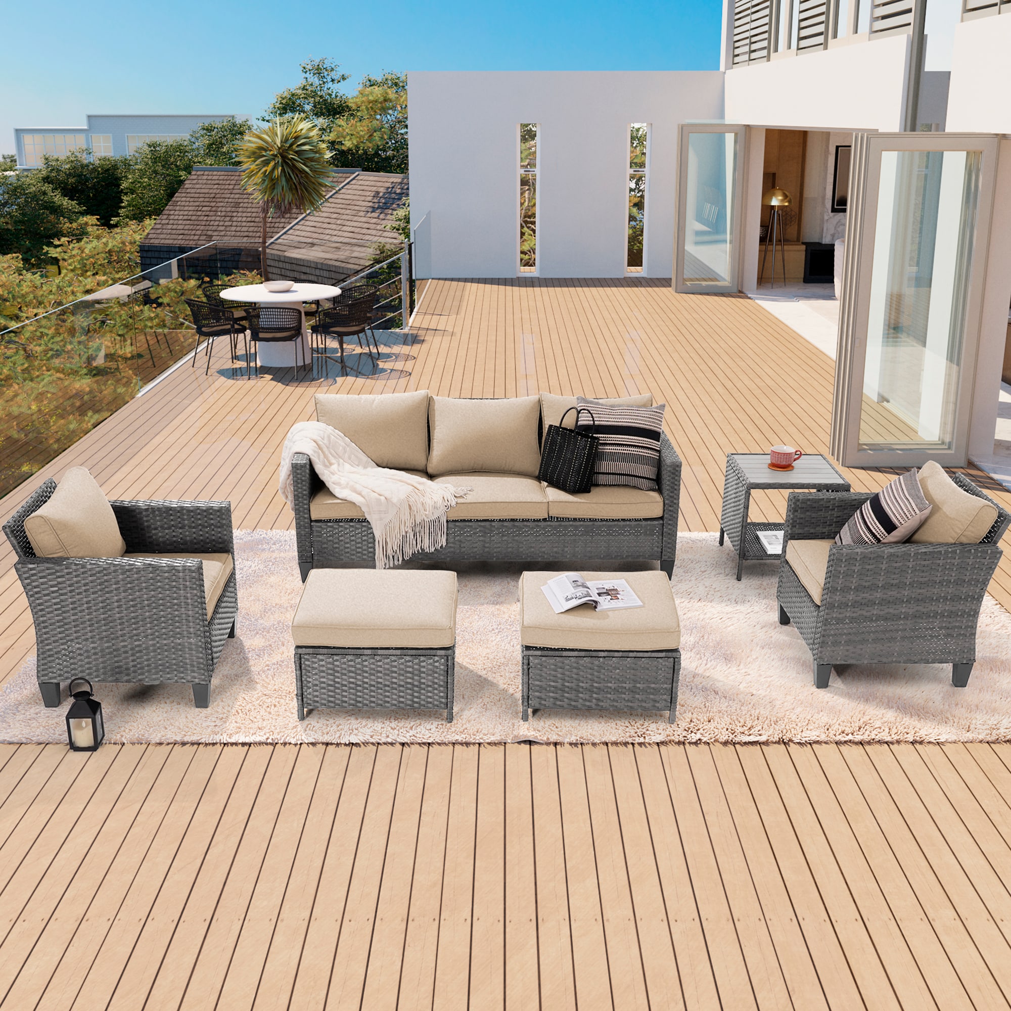 Sonkuki SD-AB-HBG-95T13 6 -Piece Wicker Patio Sofa Conversation Set with Tan Cushions