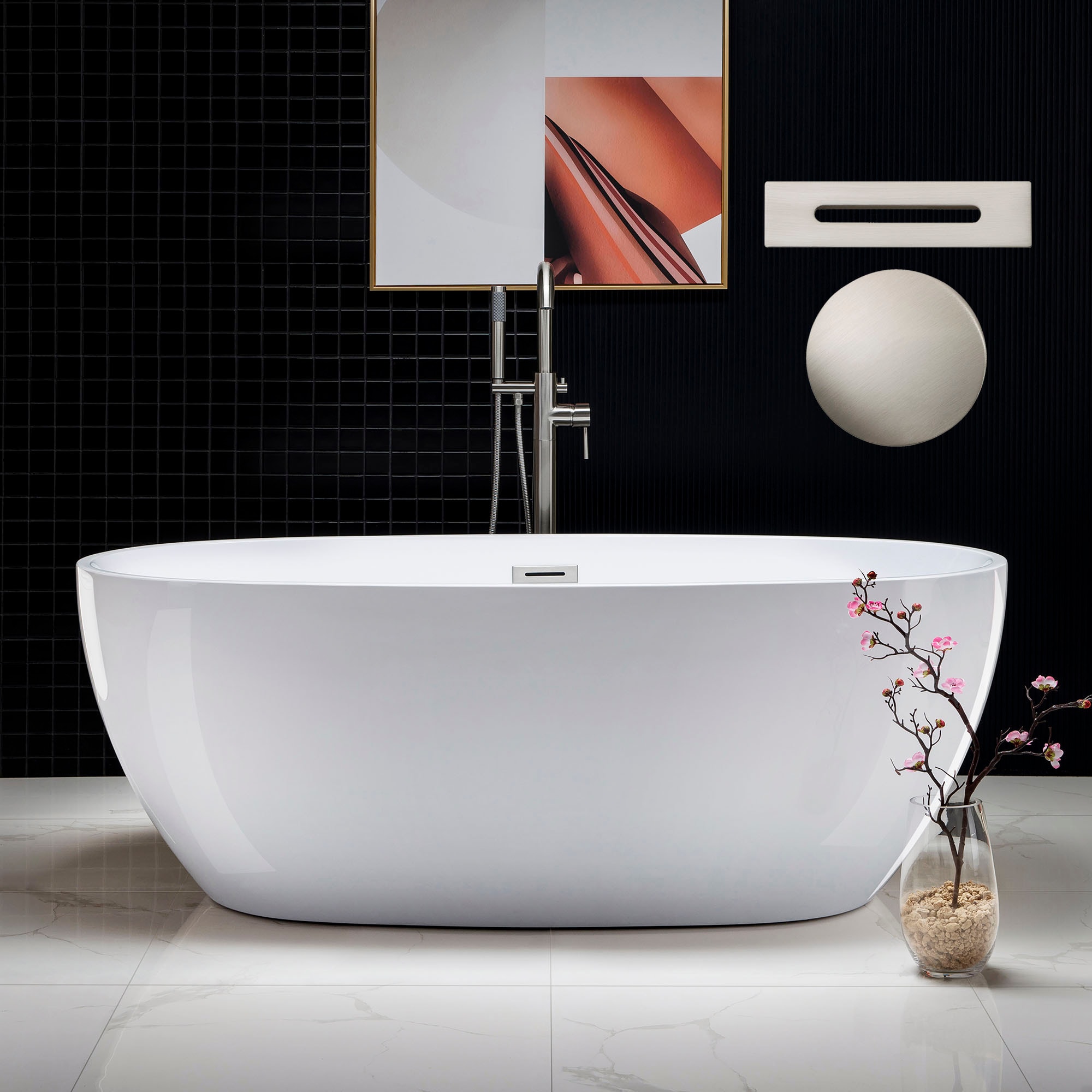 Woodbridge LB156 Aurillac 31.5-in x 67-in White with Brushed Nickel Trim Acrylic Oval Freestanding Soaking bathtub with Drain ( Center Drain )
