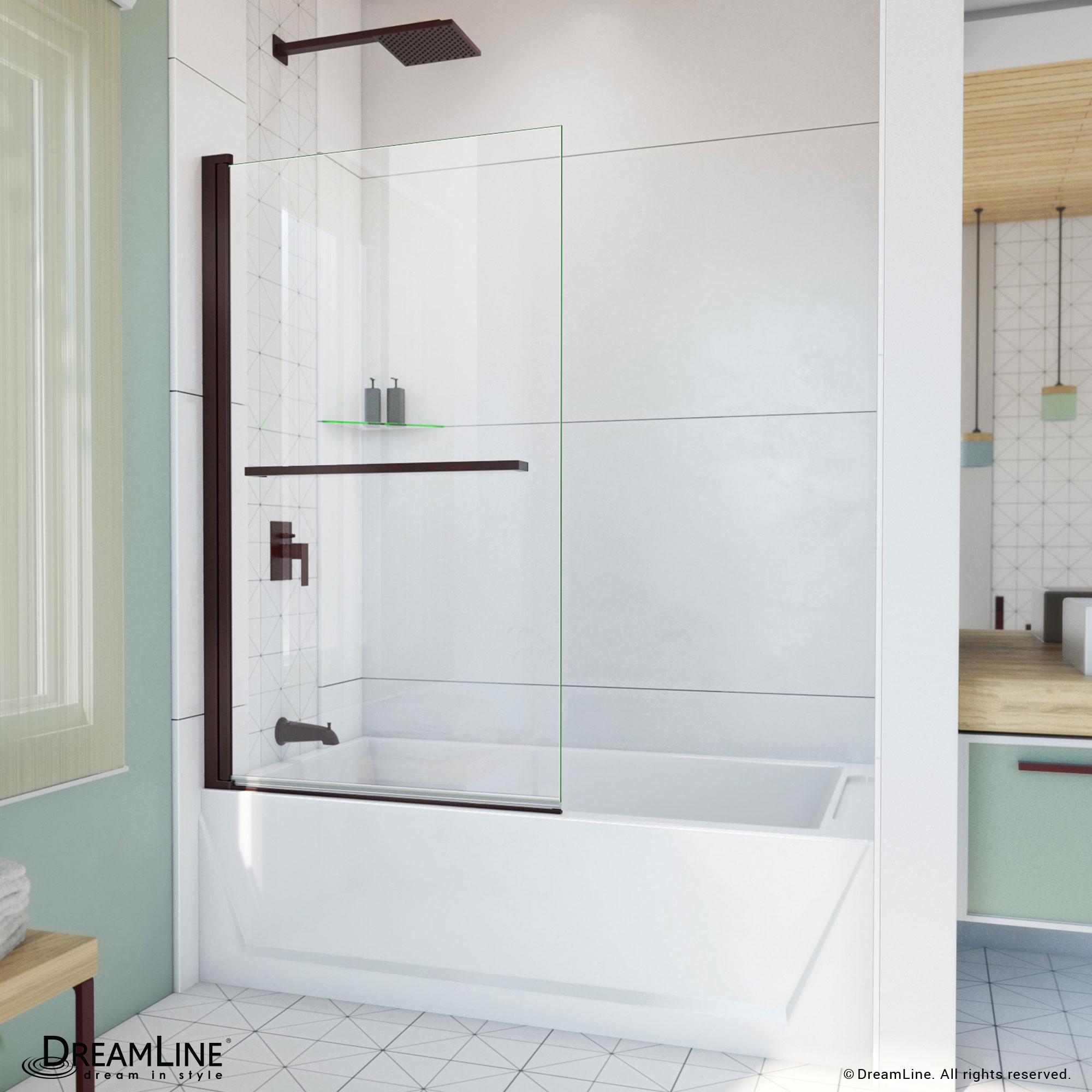 DreamLine SD-373458Q-06 Aqua-Q Swing Oil Rubbed Bronze 34-in W x 58-in H Frameless Hinged Bathtub door