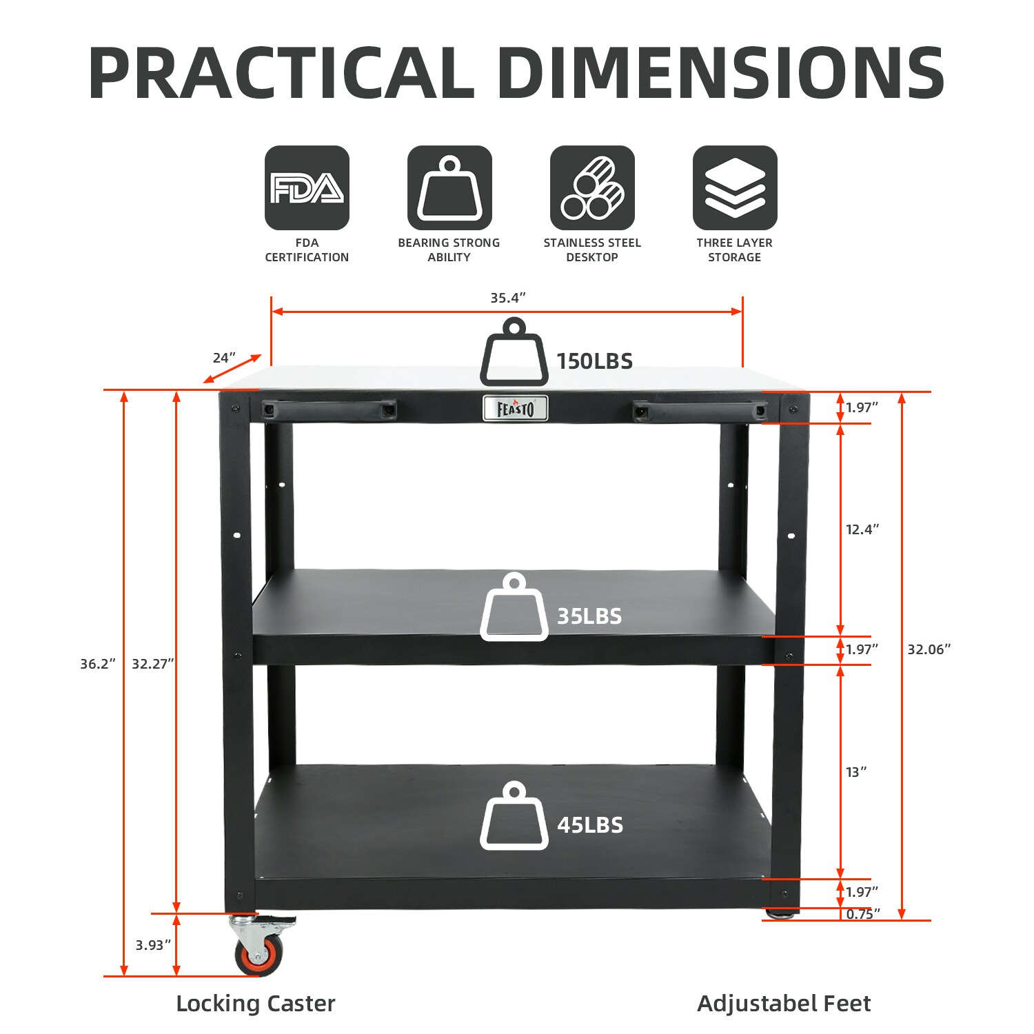 Feasto 3-Shelf Black and Stainless Steel Outdoor Kitchen Cart