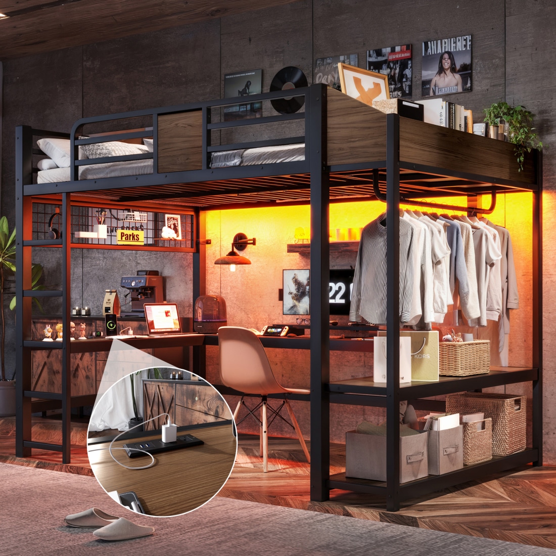 CHITA Full Size Metal Loft Bed with Wardrobe Built In Desk Shelves LED Lights USB Charging Black and Brown