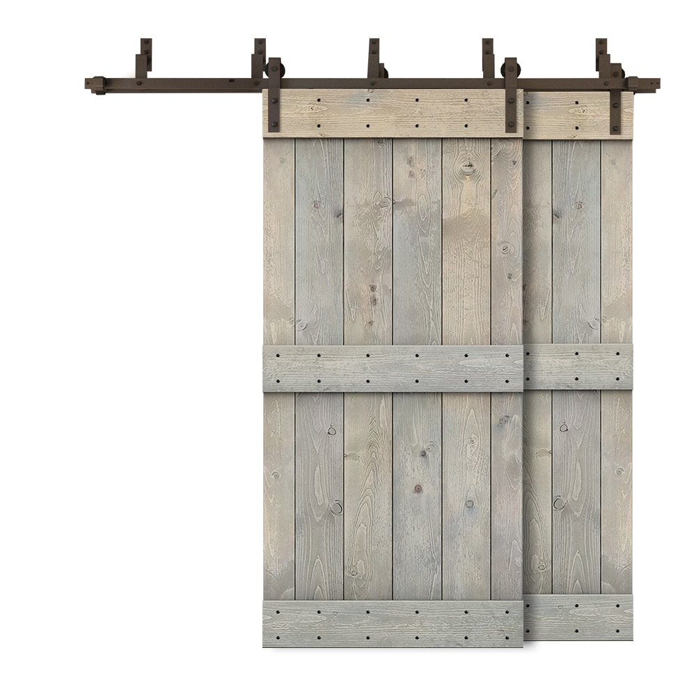 CALHOME 6XBP+S96+(2)03-42SKG 84-in x 84-in Smoke Gray Knotty pine Wood Solid core Double Bypass Barn Door (Hardware Included)