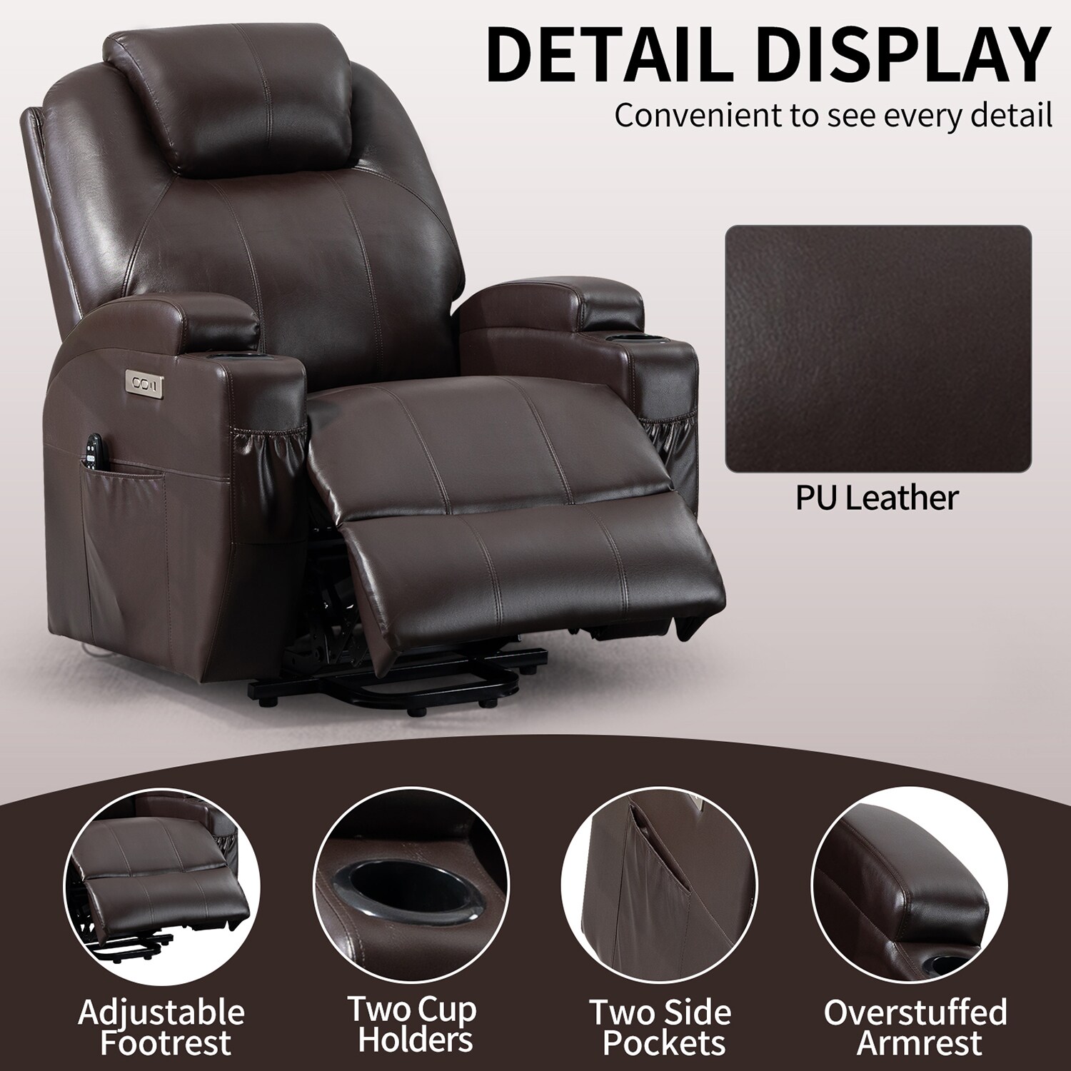 Sumyeg Power Lift Recliner Chair Brown Faux Leather Upholstered Powered ...