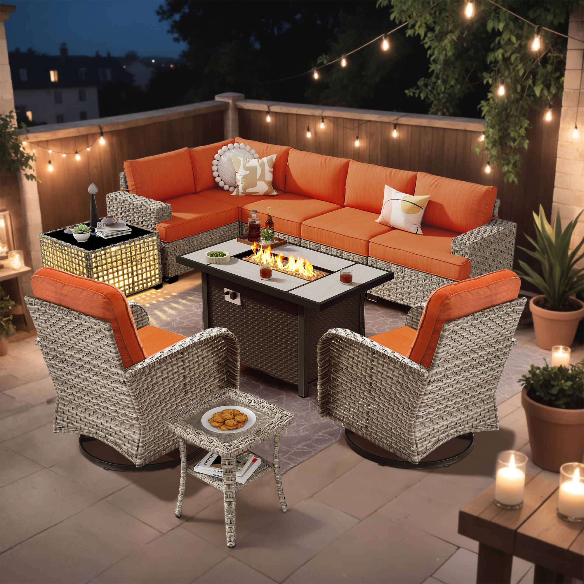 Ovios RFPTS809YV 10 -Piece Rattan Patio Conversation Set with Orange Cushions