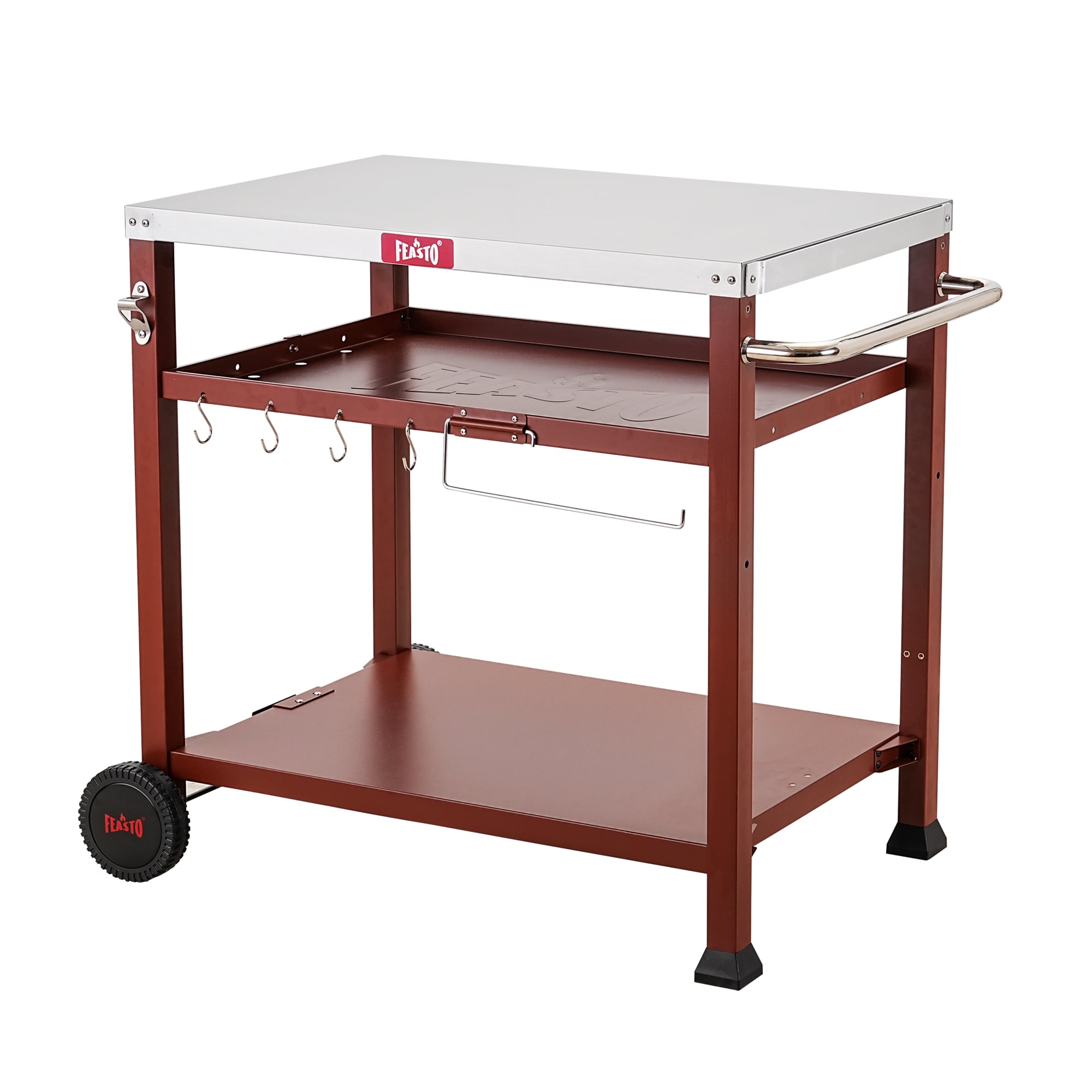 Three-Shelf Red and Stainless Steel Outdoor Grill Cart