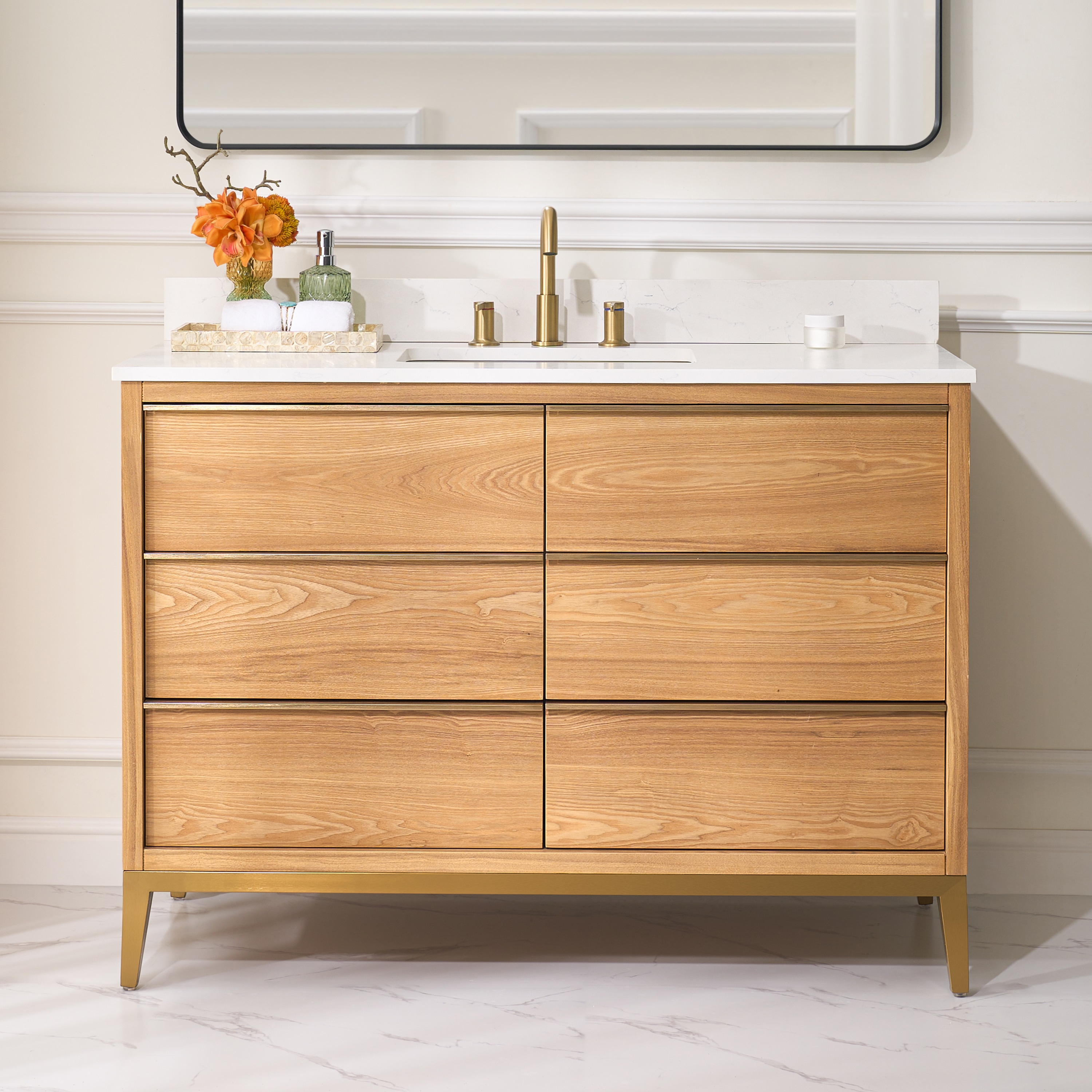 WELLFOR Nolan Solid Wood Bathroom Vanity 48-in Oak Undermount Single Sink Bathroom Vanity with Carrera White Quartz Top | BCB1940NB -WF